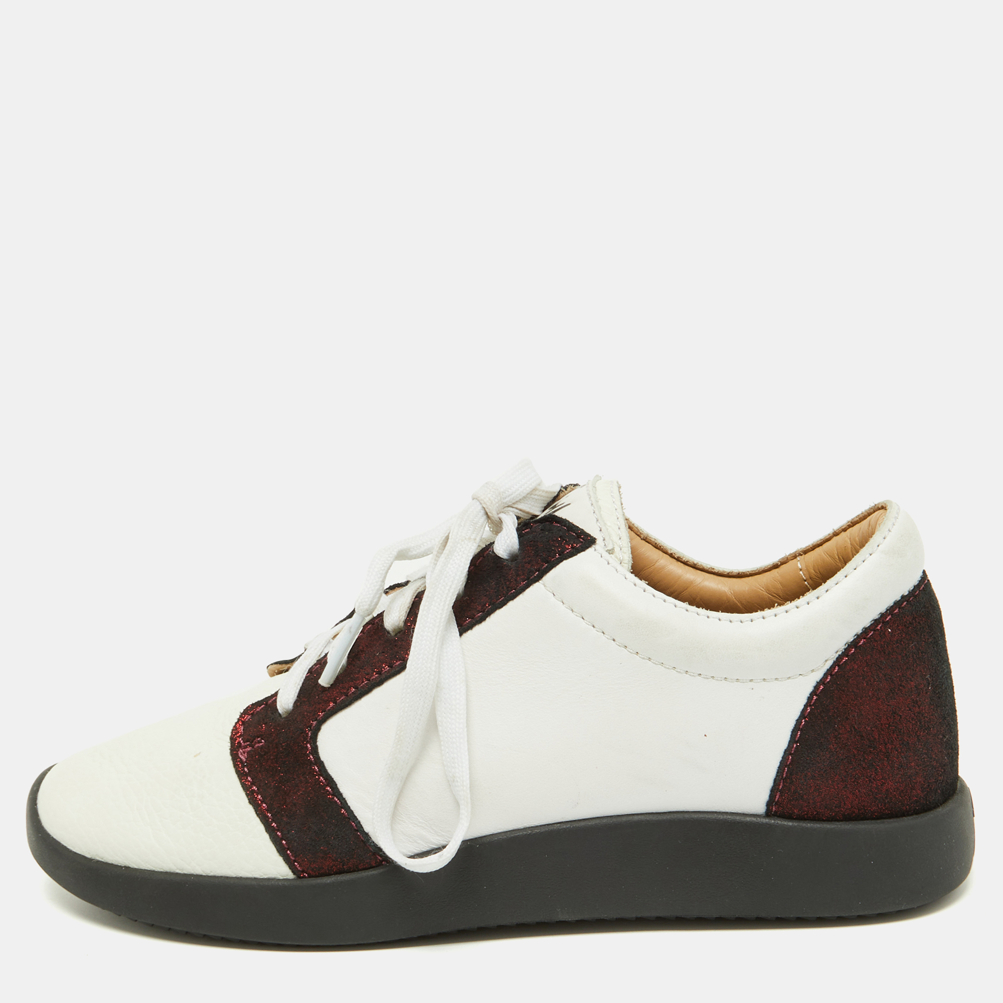 Pre-owned Giuseppe Zanotti White/burgundy Leather And Laminated Suede Low Top Trainers Size 37