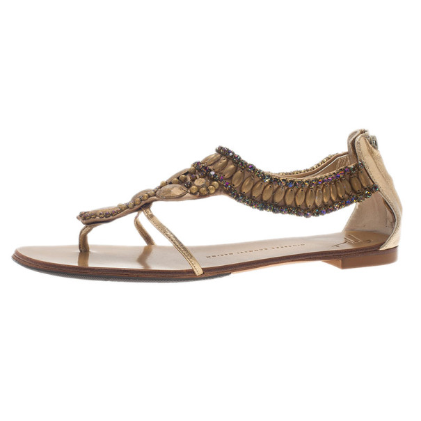 Pre Owned Giuseppe Zanotti Gold Leather Jeweled Flat Thong Sandals Size 39