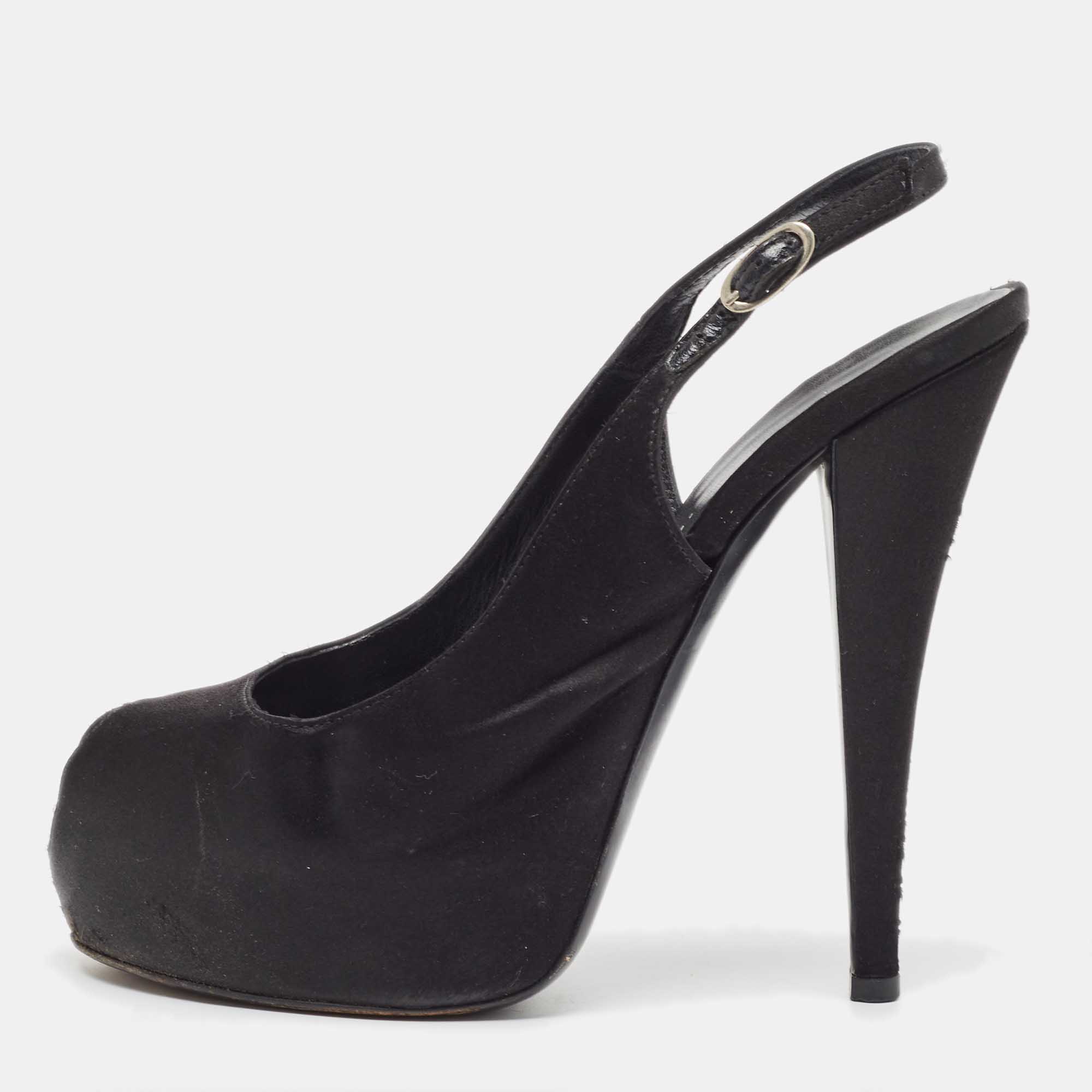 

Giuseppe Zanotti Black Satin Platform Peep Toe Slingback Pumps Size