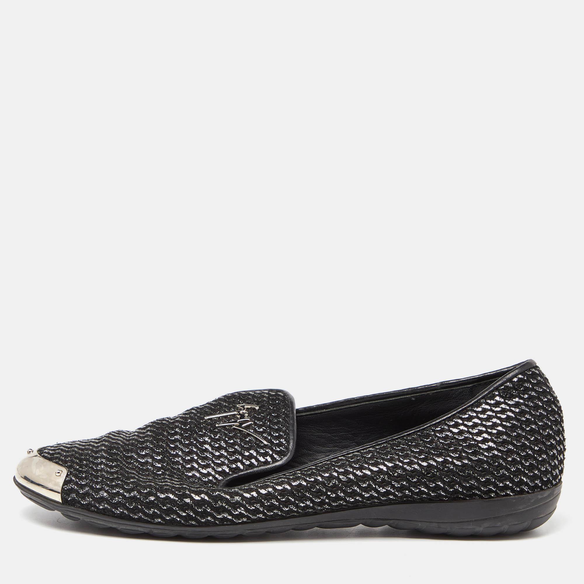 

Giuseppe Zanotti Black Glitter Leather Slip On Smoking Slippers Size