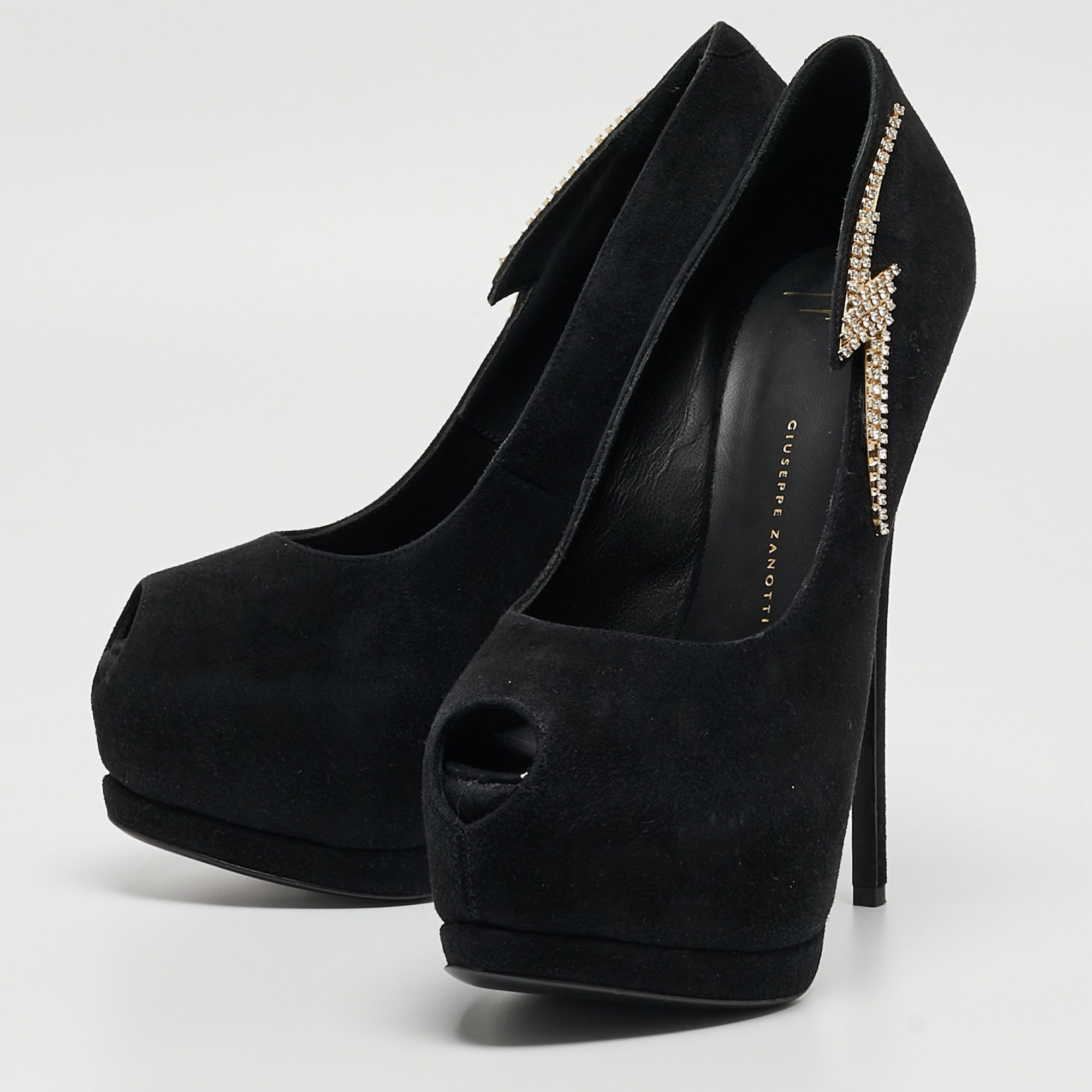 

Giuseppe Zanotti Black Suede Crystal Embellished Peep Toe Pumps Size