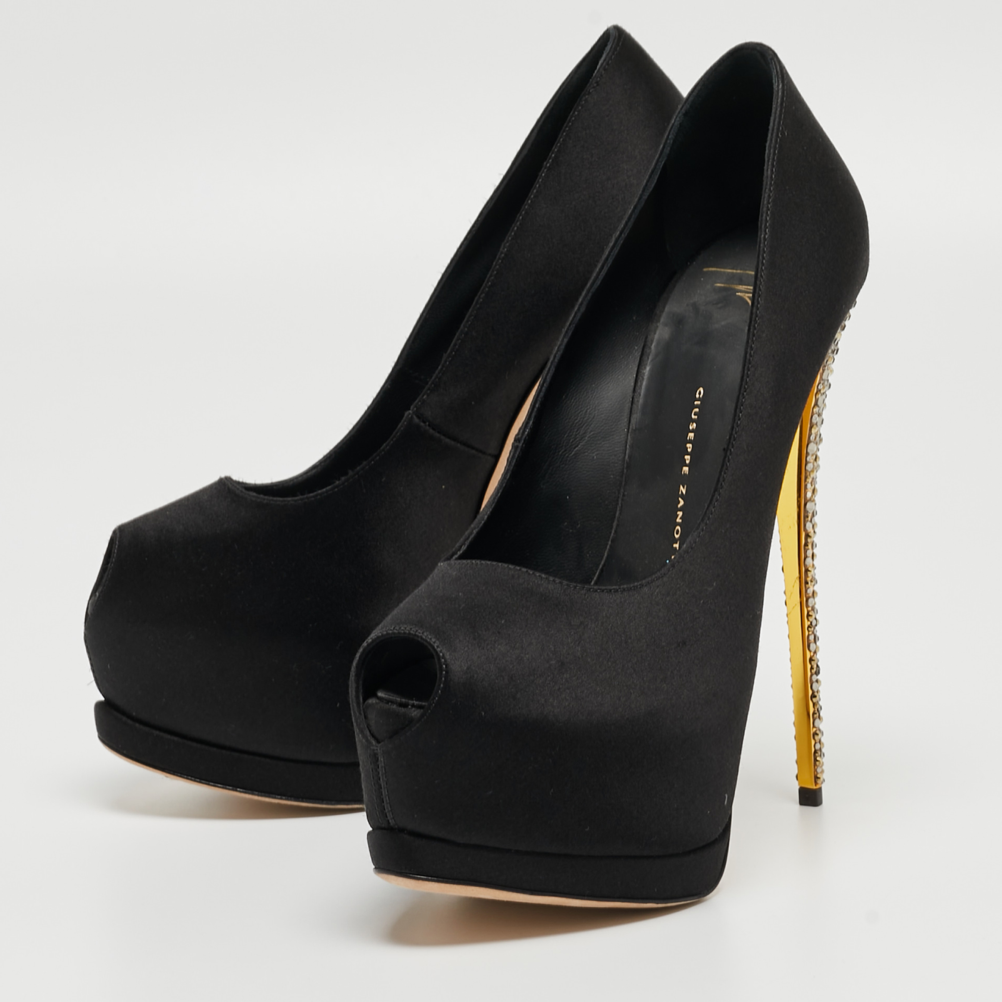 

Giuseppe Zanotti Black Satin Platform Peep Toe Pumps Size