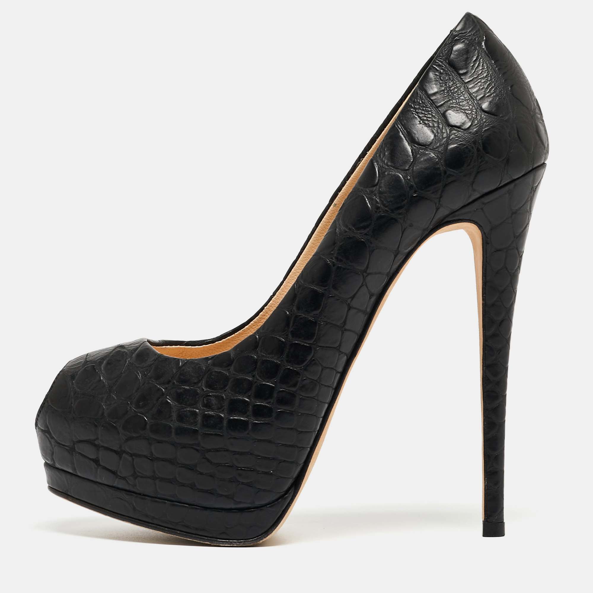 Pre-owned Giuseppe Zanotti Black Croc Embossed Leather Peep Toe Platform Pumps Size 37.5