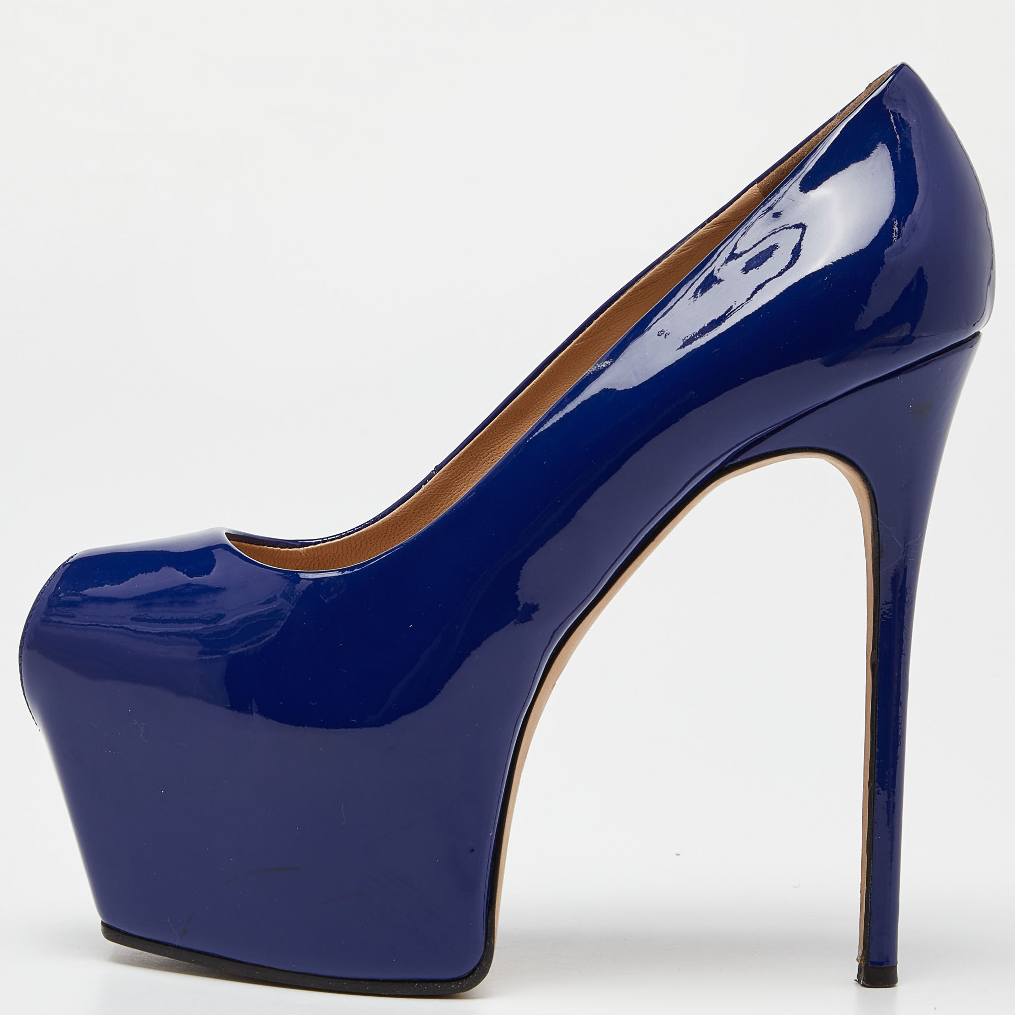 Pre-owned Giuseppe Zanotti Blue Patent Leather Liza Peep Toe Platform Pumps Size 38