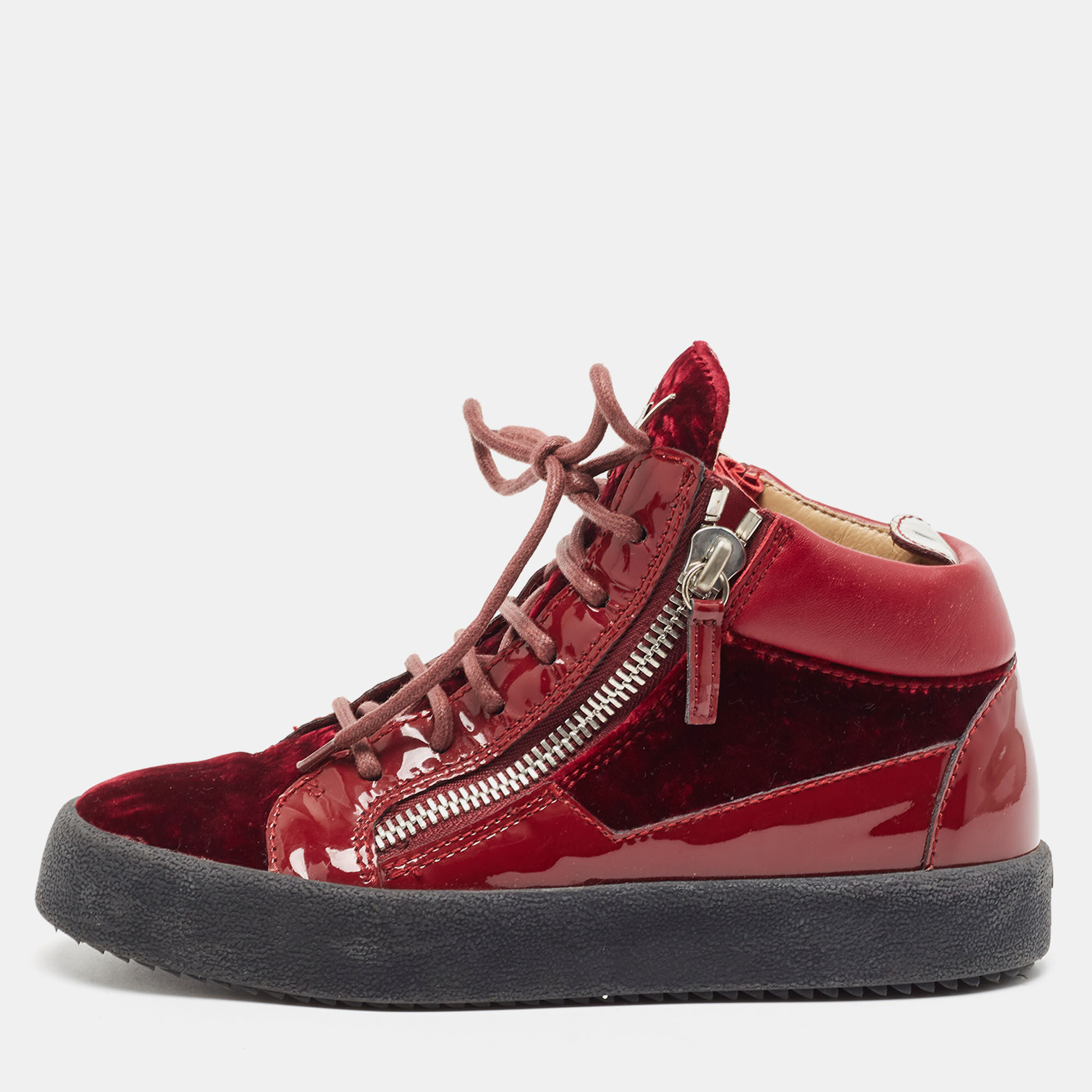 

Giuseppe Zanotti Burgundy Velvet and Patent Frankie High Top Sneakers Size