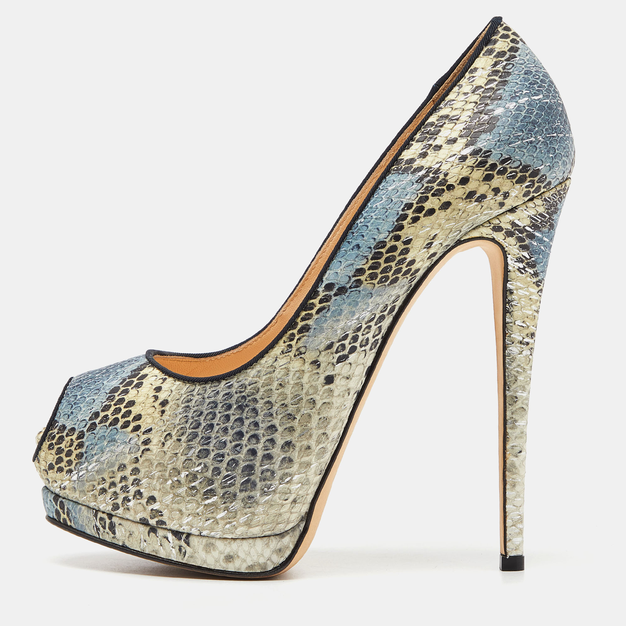 Pre-owned Giuseppe Zanotti Tricolor Embossed Python Sharon Peep Toe Pumps Size 38 In Blue