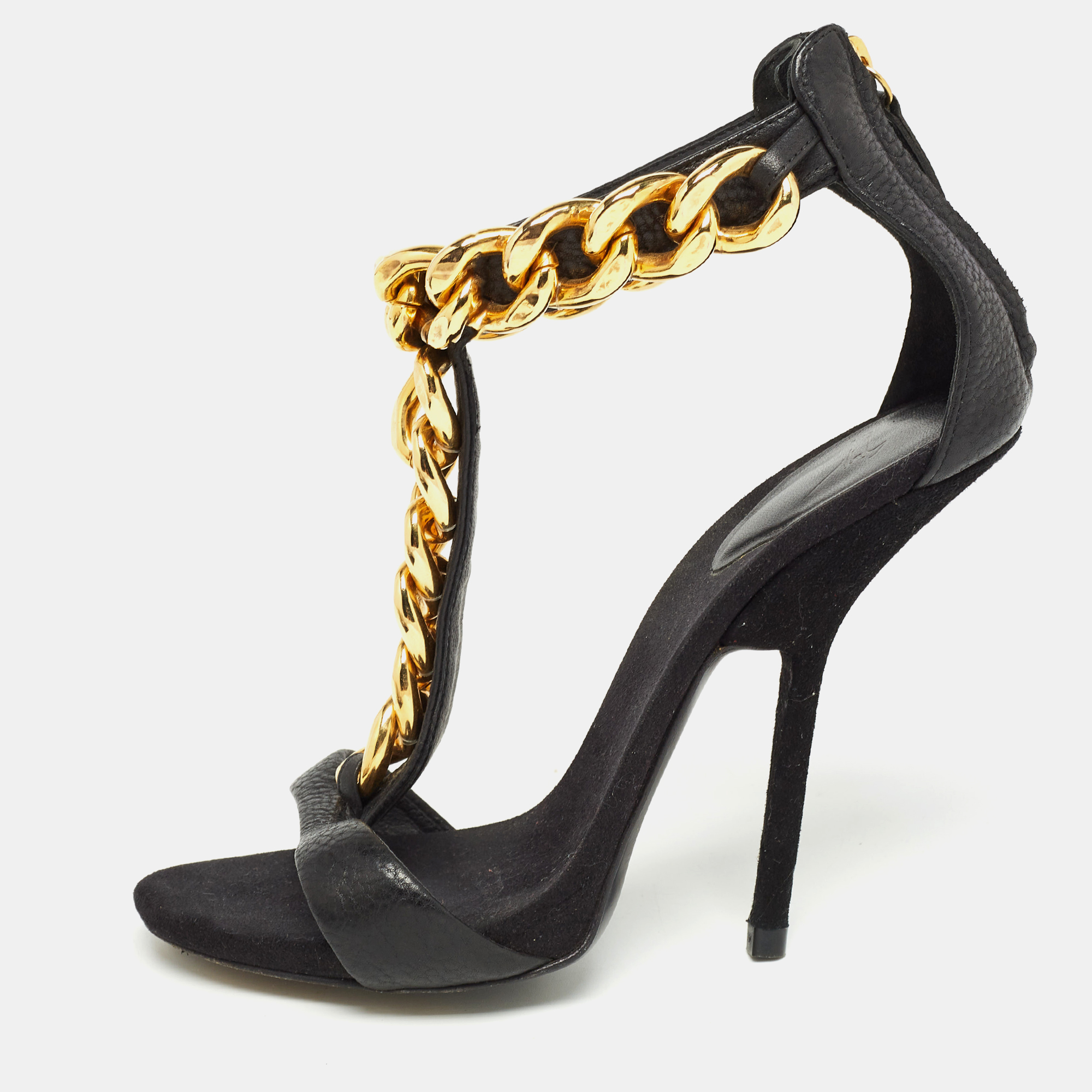 

Giuseppe Zanotti Black Suede and Leather Chain Detail T Strap Sandals Size