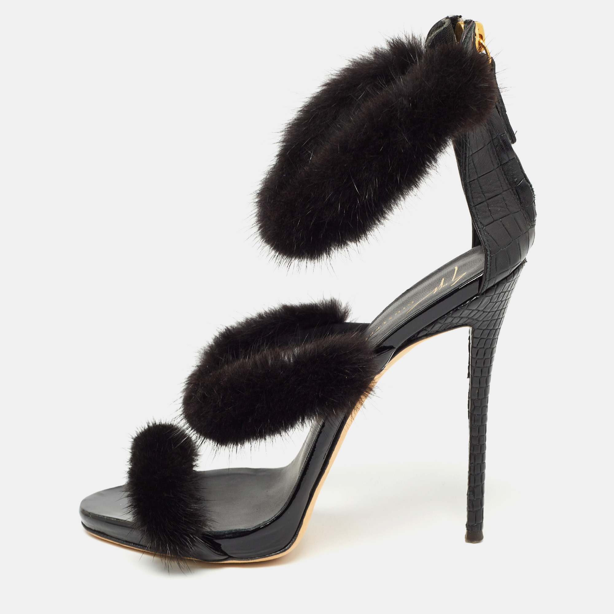 Pre-owned Giuseppe Zanotti Black Croc Embossed And Fur Harmony Ankle Strap Sandals Size 38
