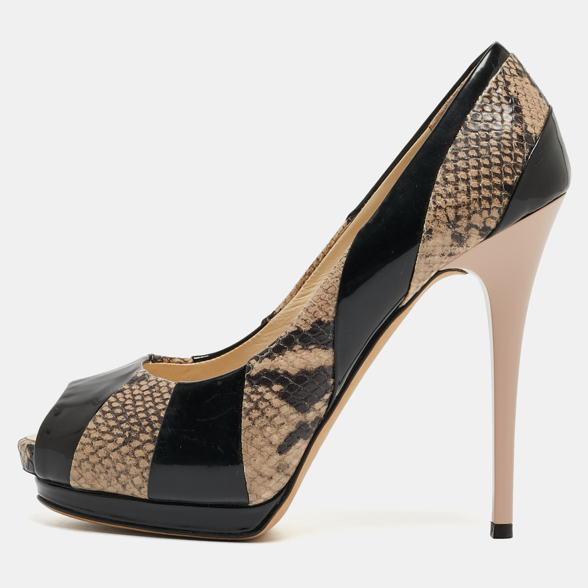 Pre-owned Giuseppe Zanotti Tricolor Embossed Python And Patent Leather Platform Peep Toe Pumps Size 40 In Black
