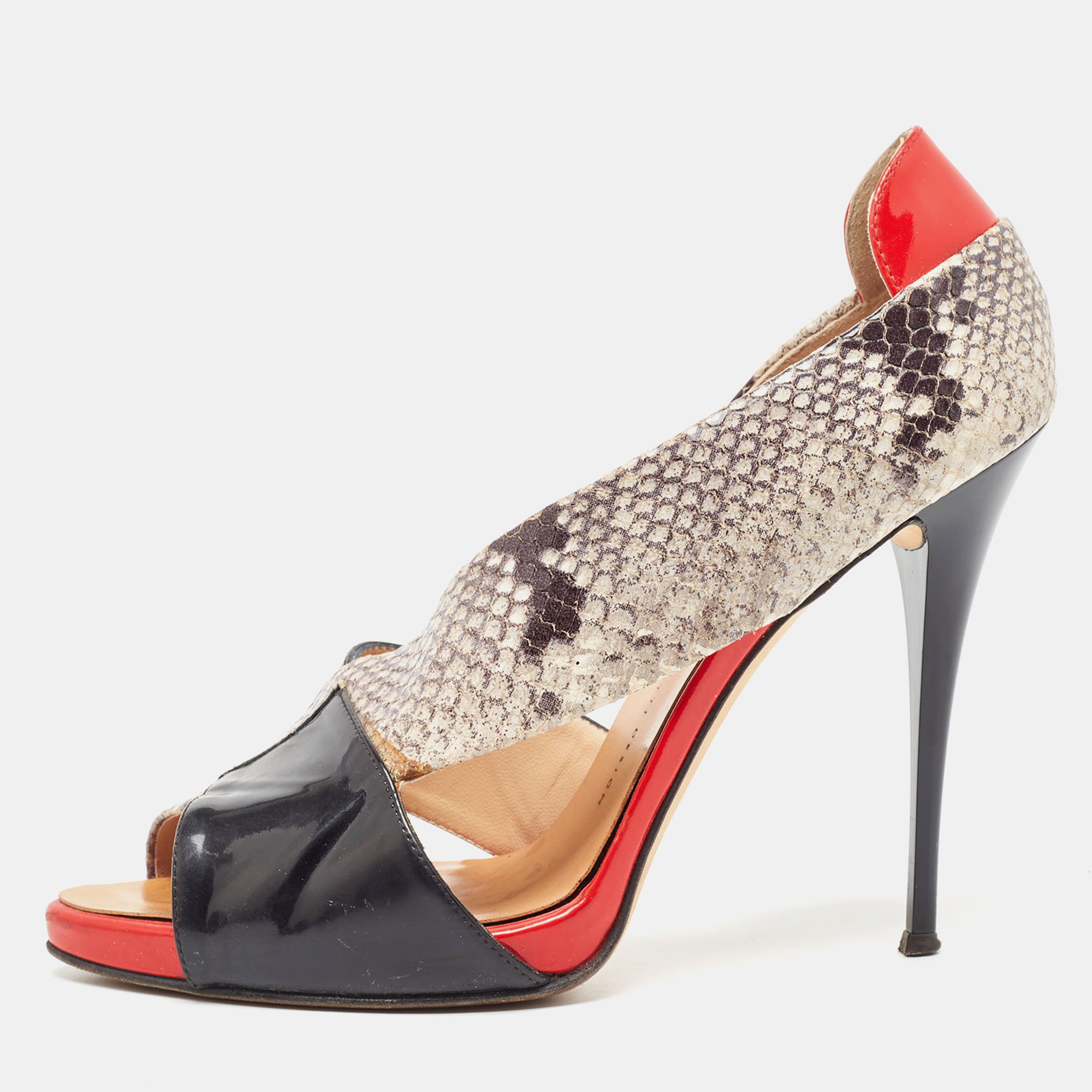 

Giuseppe Zanotti Tricolor Embossed Snakeskin and Patent Leather Open Toe D'orsay Pumps Size, Black