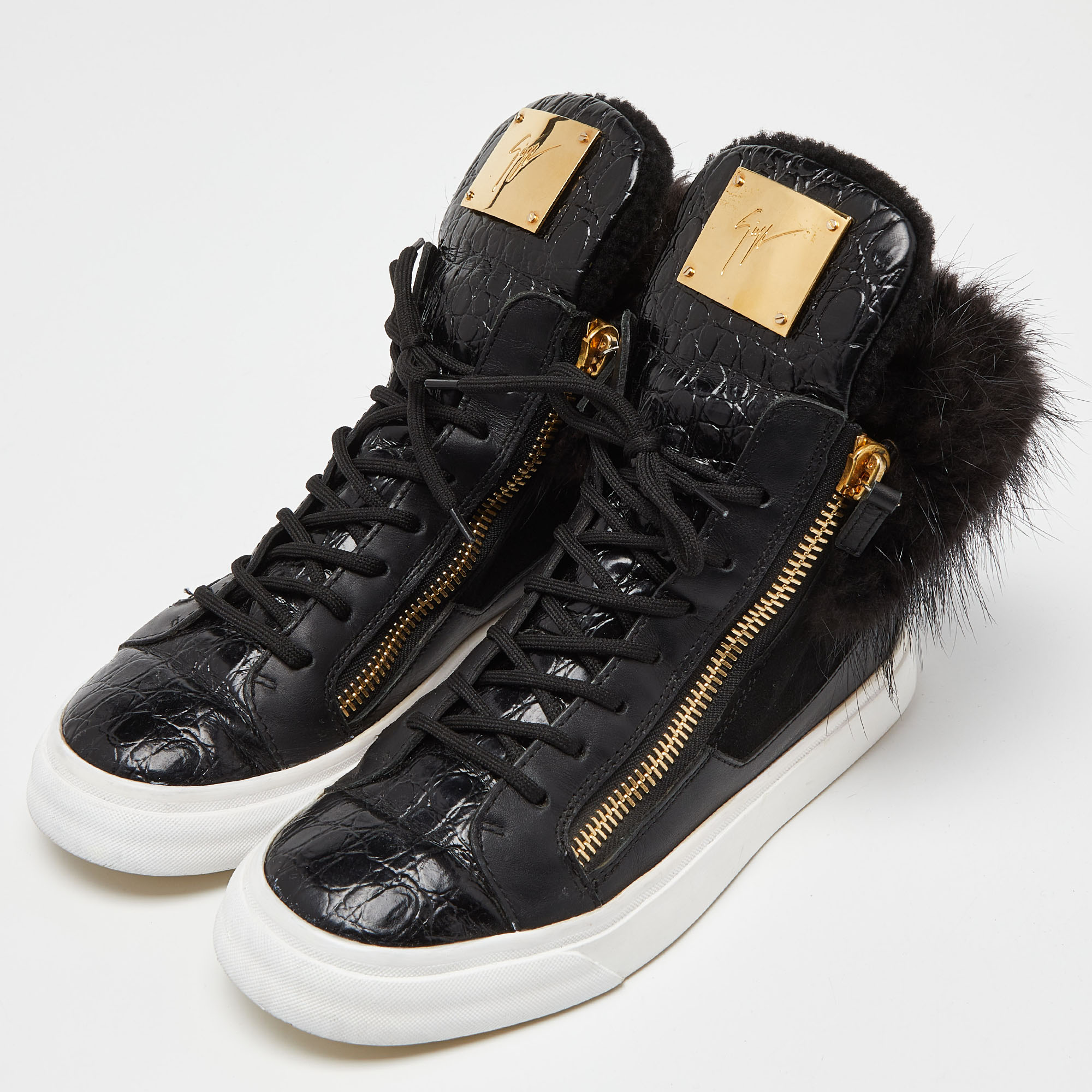 

Giuseppe Zanotti Black Leather,Suede and Calfhair London High-Top Sneakers Size