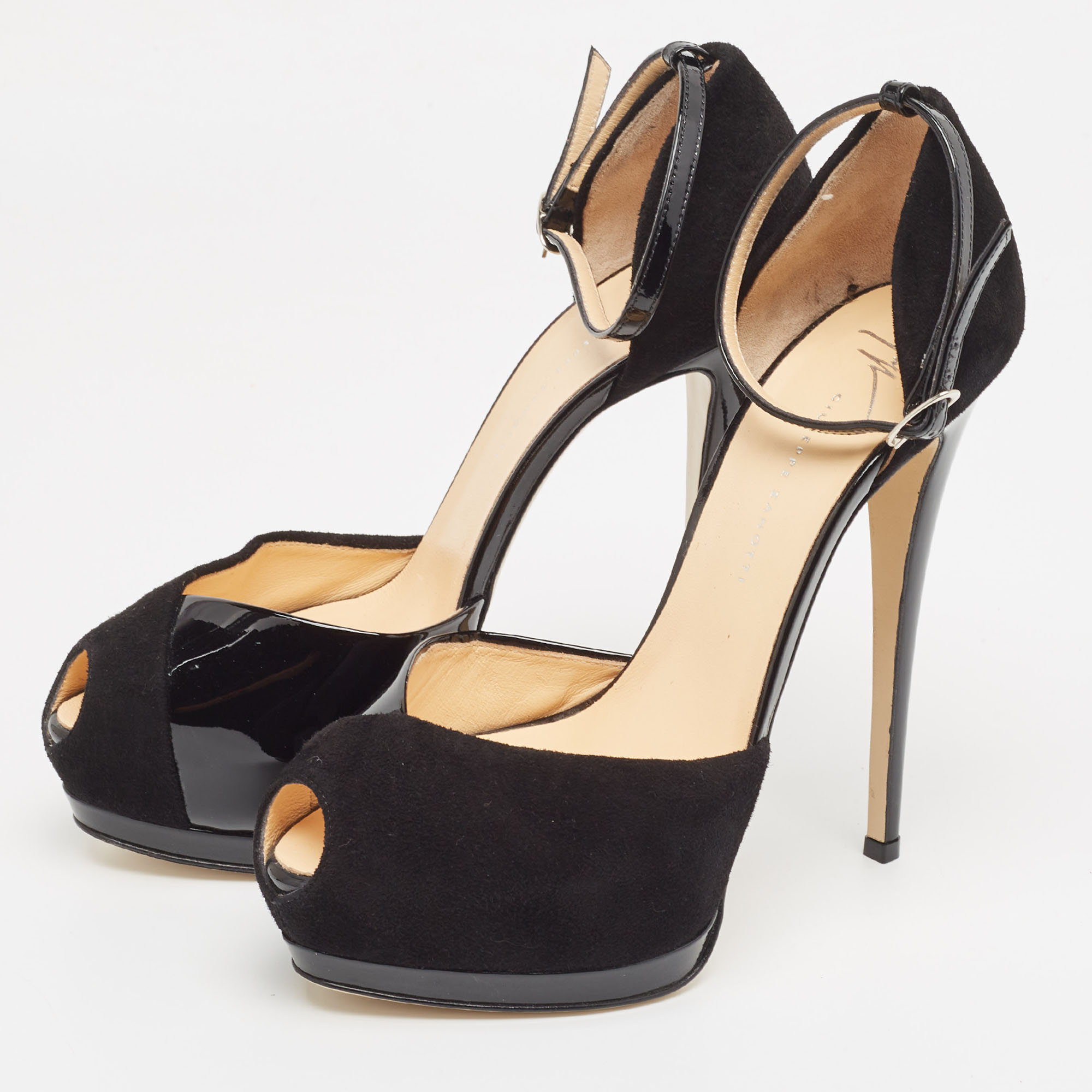 

Giuseppe Zanotti Black Suede and Patent Peep Toe Ankle Strap Sandals Size