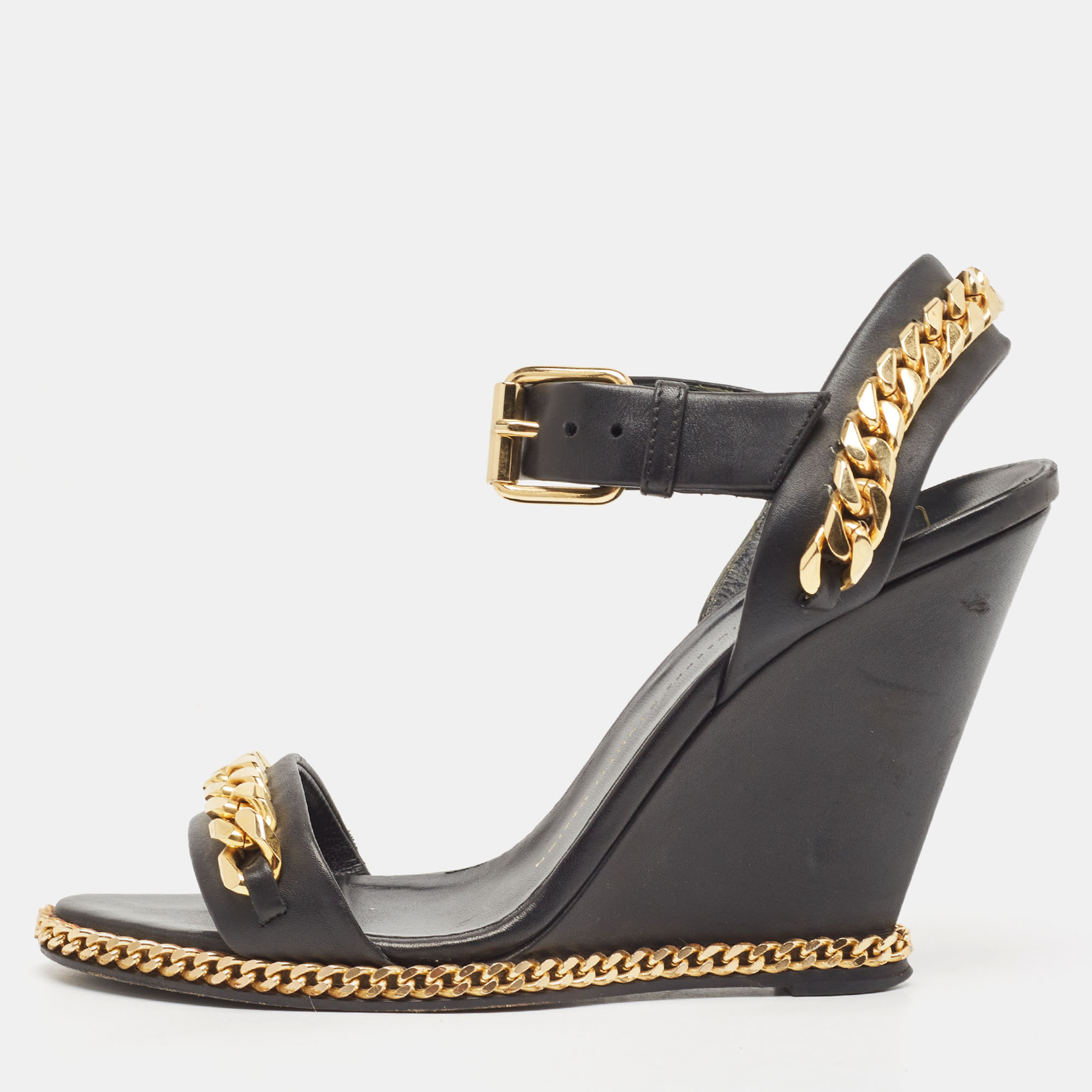 Pre-owned Giuseppe Zanotti Black Leather Chain Link Detail Wedge Ankle Strap Sandals Size 38