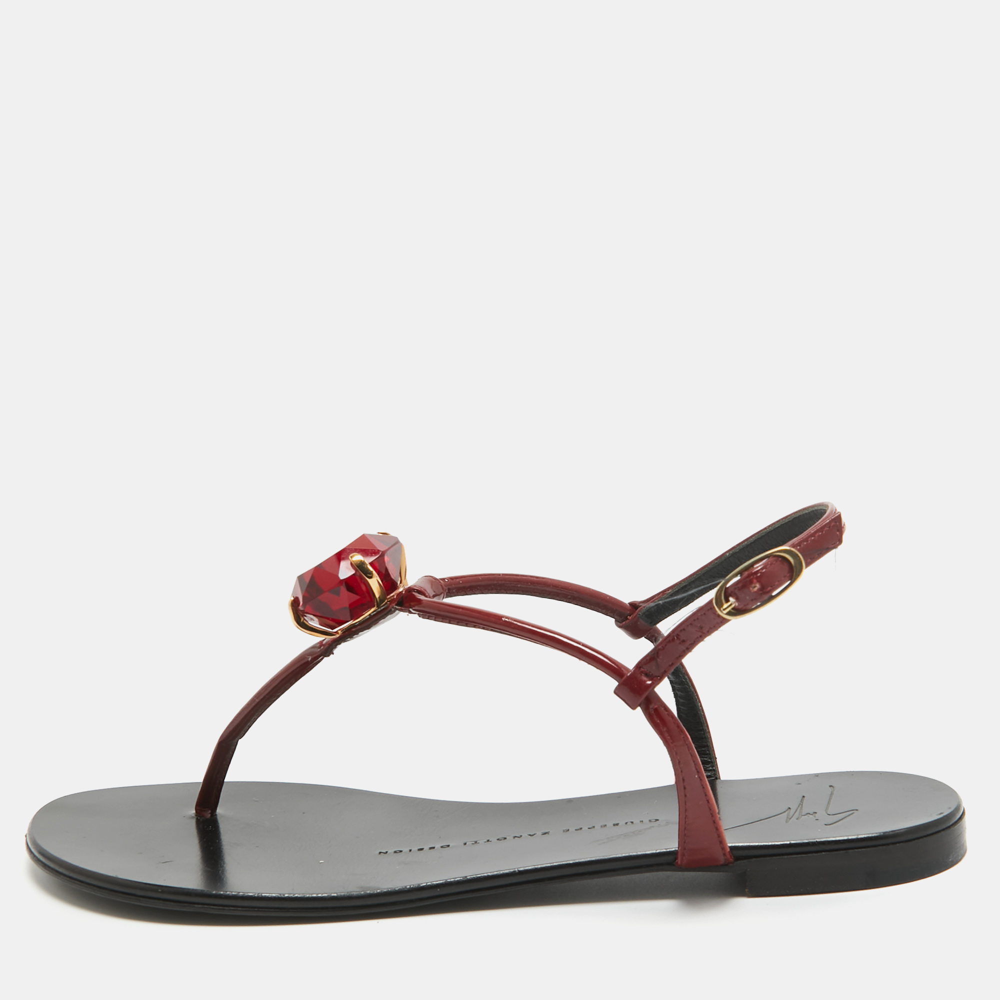 Pre-owned Giuseppe Zanotti Burgundy Patent Leather Crystal Embellished Thong Flat Sandals Size 37