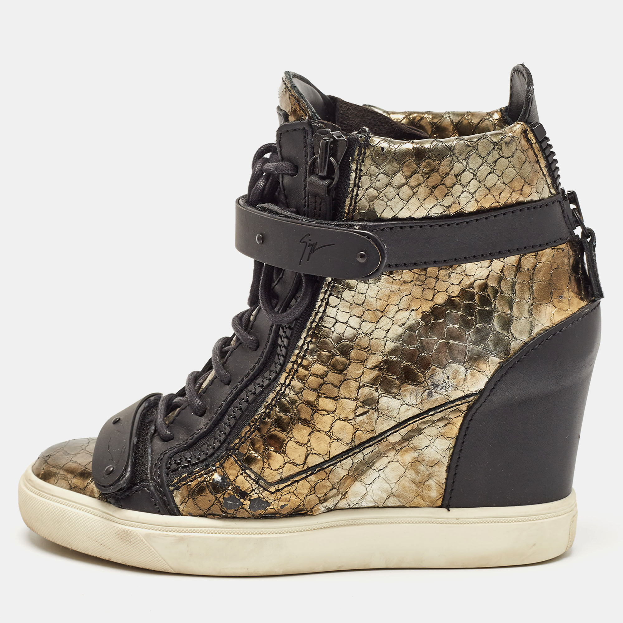 Pre-owned Giuseppe Zanotti Metallic Python Embossed Wedge Trainers Size 38