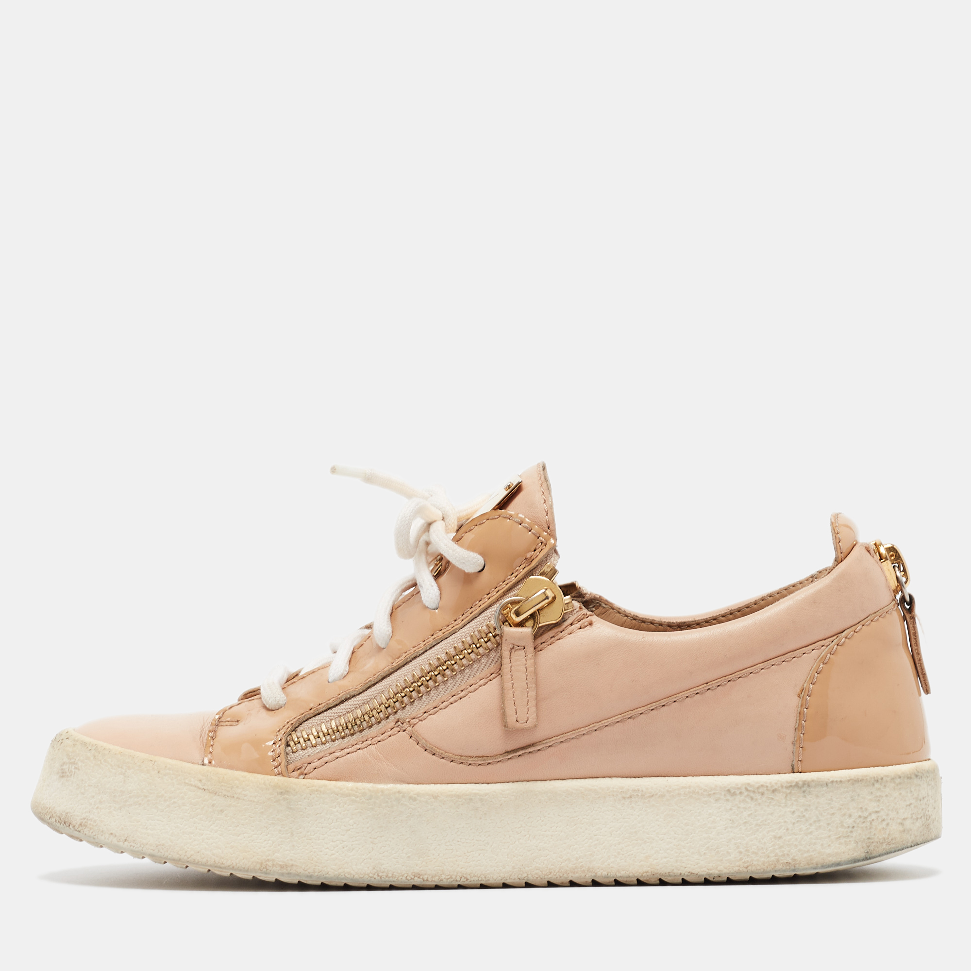 

Giuseppe Zanotti Beige Leather and Patent Zip Detail Low Top Sneakers Size