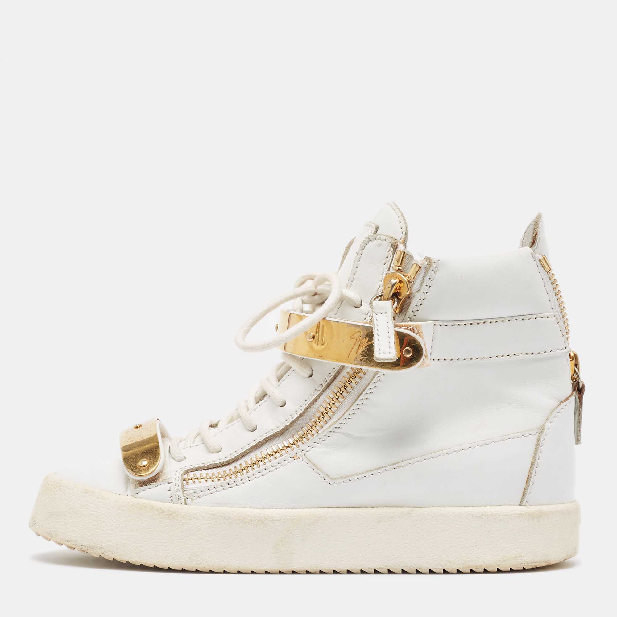 Pre-owned Giuseppe Zanotti White Leather Coby High Top Sneakers Size 37