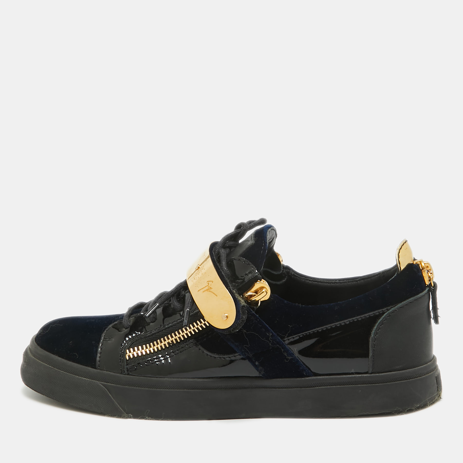 Pre-owned Giuseppe Zanotti Blue/black Velvet And Patent Leather Double Zipper Low Top Trainers Size 42