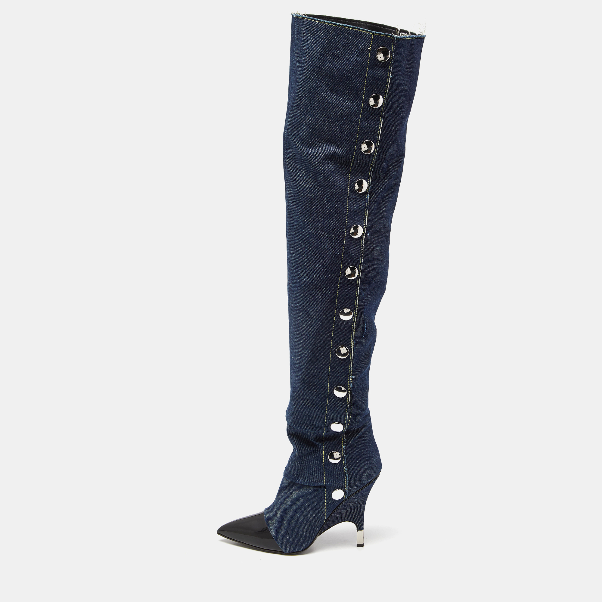 

Giuseppe Zanotti Blue/Black Denim and Patent Leather Over The Knee Length Boots Size