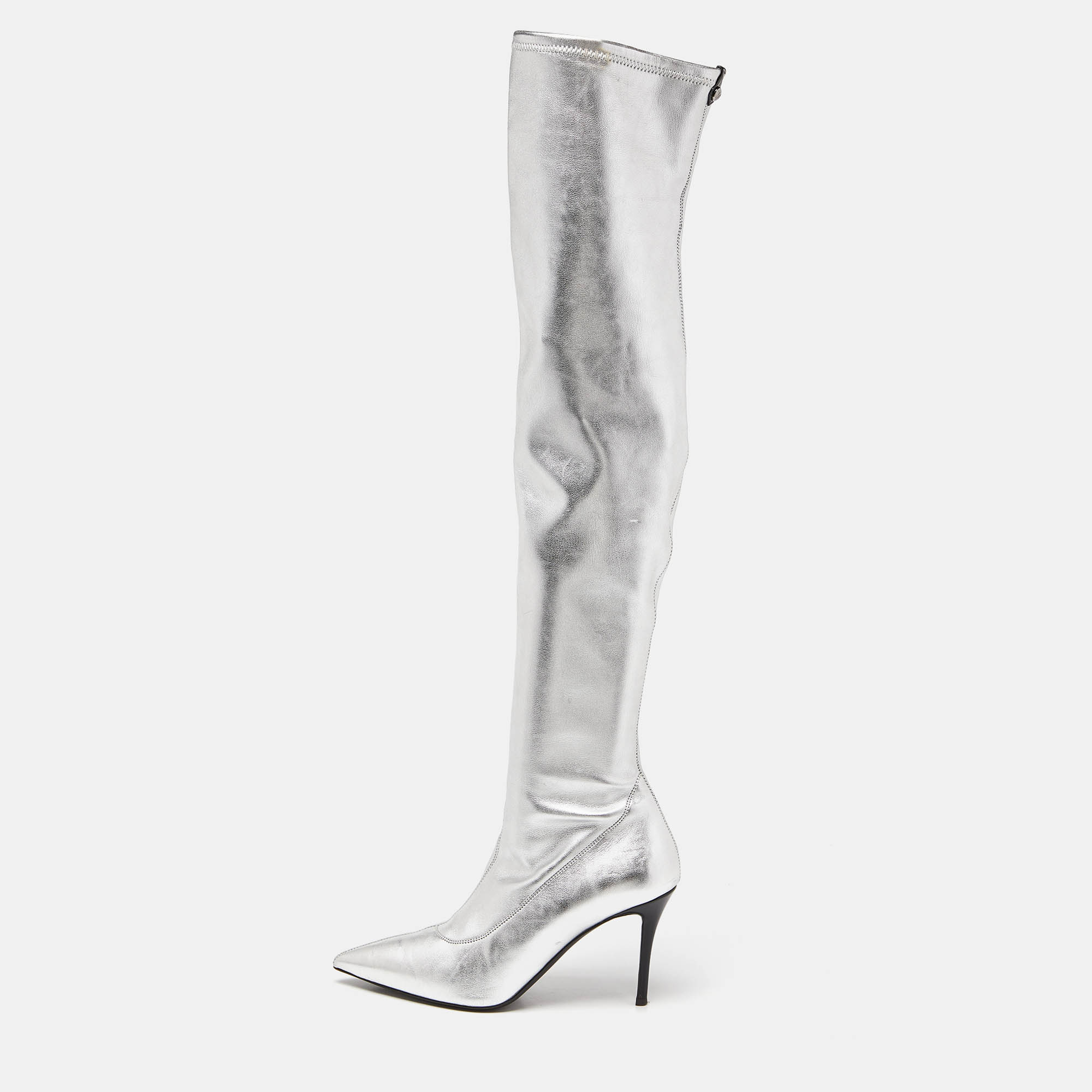 Pre-owned Giuseppe Zanotti Silver Foil Leather Over The Knee Pointed Toe Boots Size 40