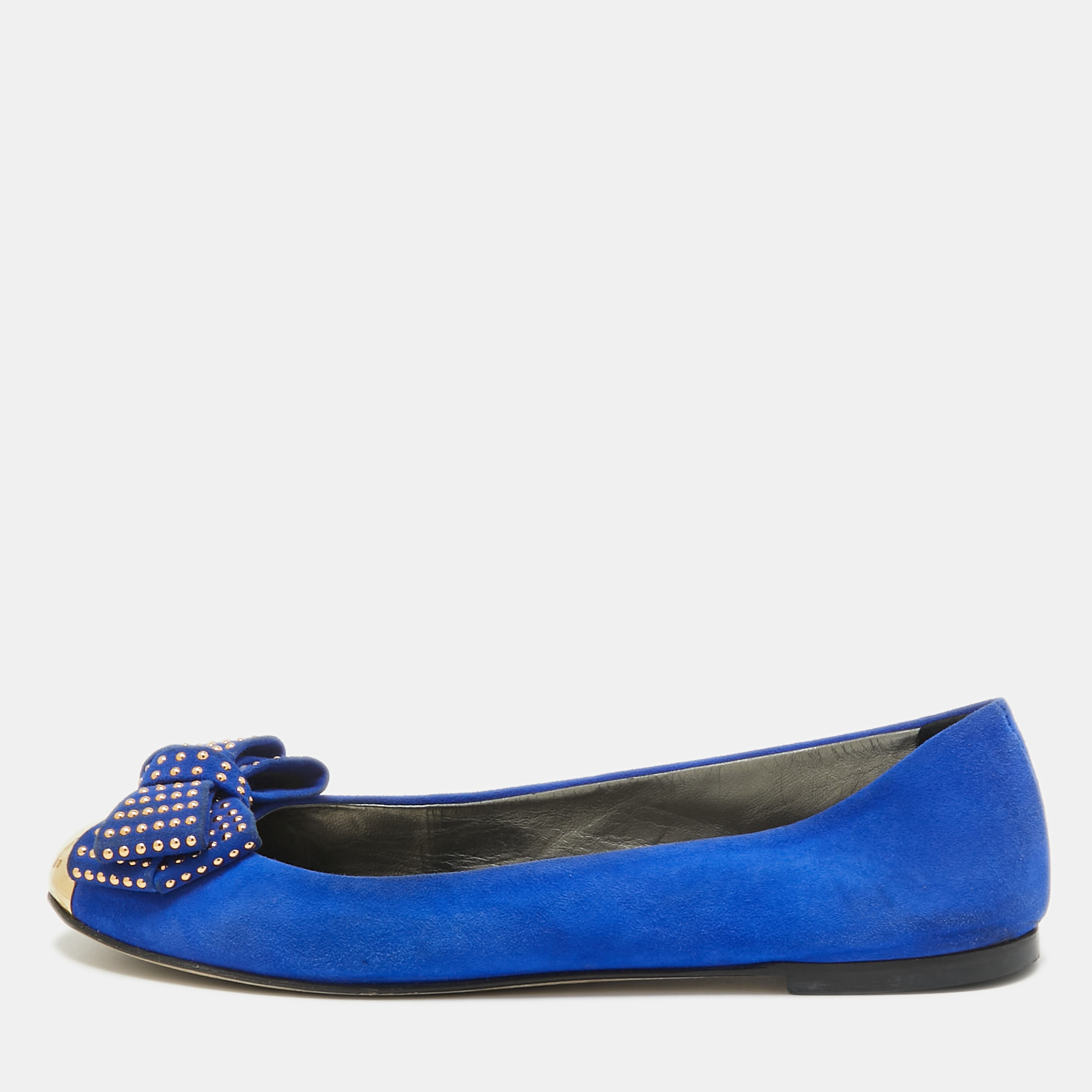 Pre-owned Giuseppe Zanotti Blue Suede And Gold Cap Toe Studded Bow Ballet Flats Size 38.5