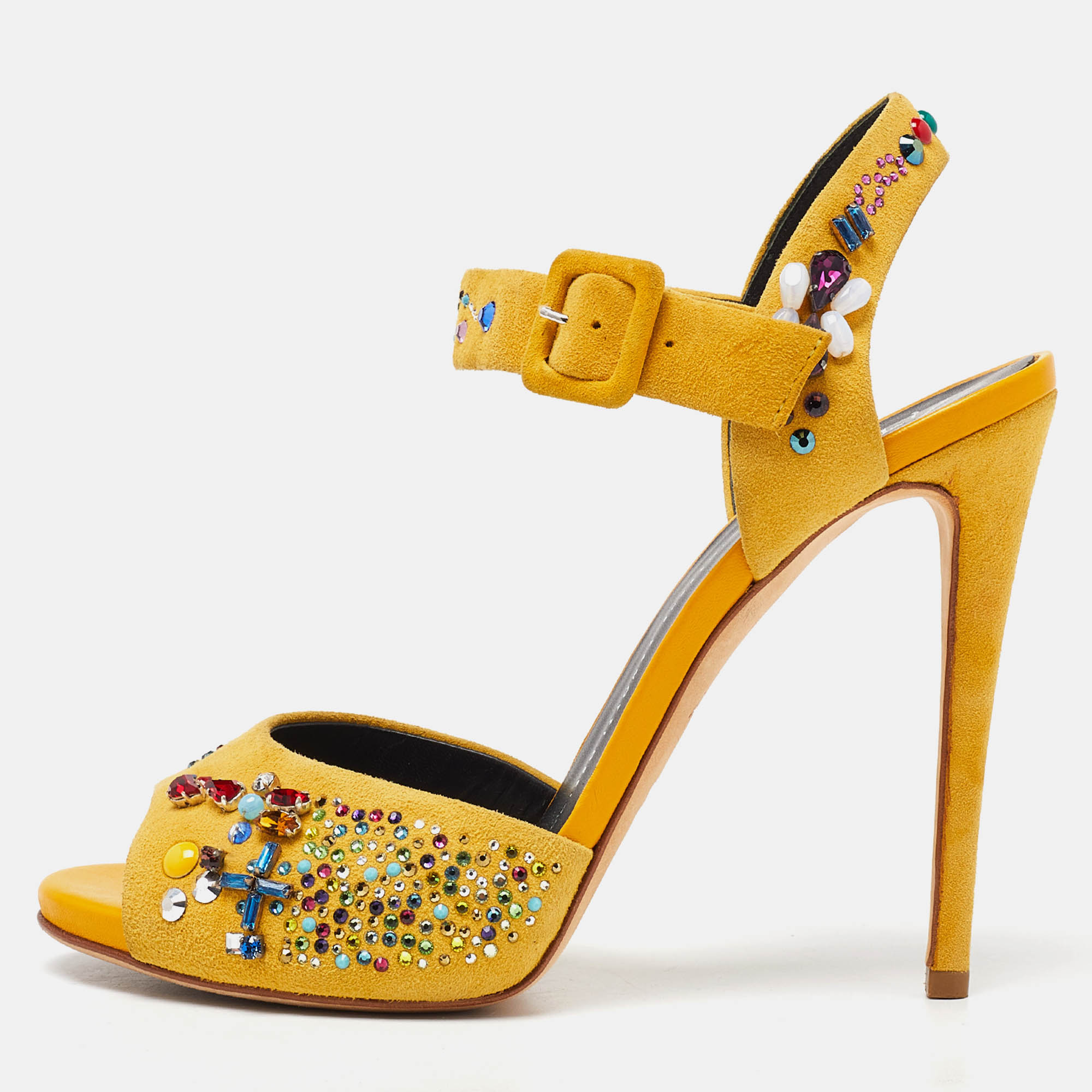 Yellow Suede Crystal Embellished Ankle Strap Sandals
