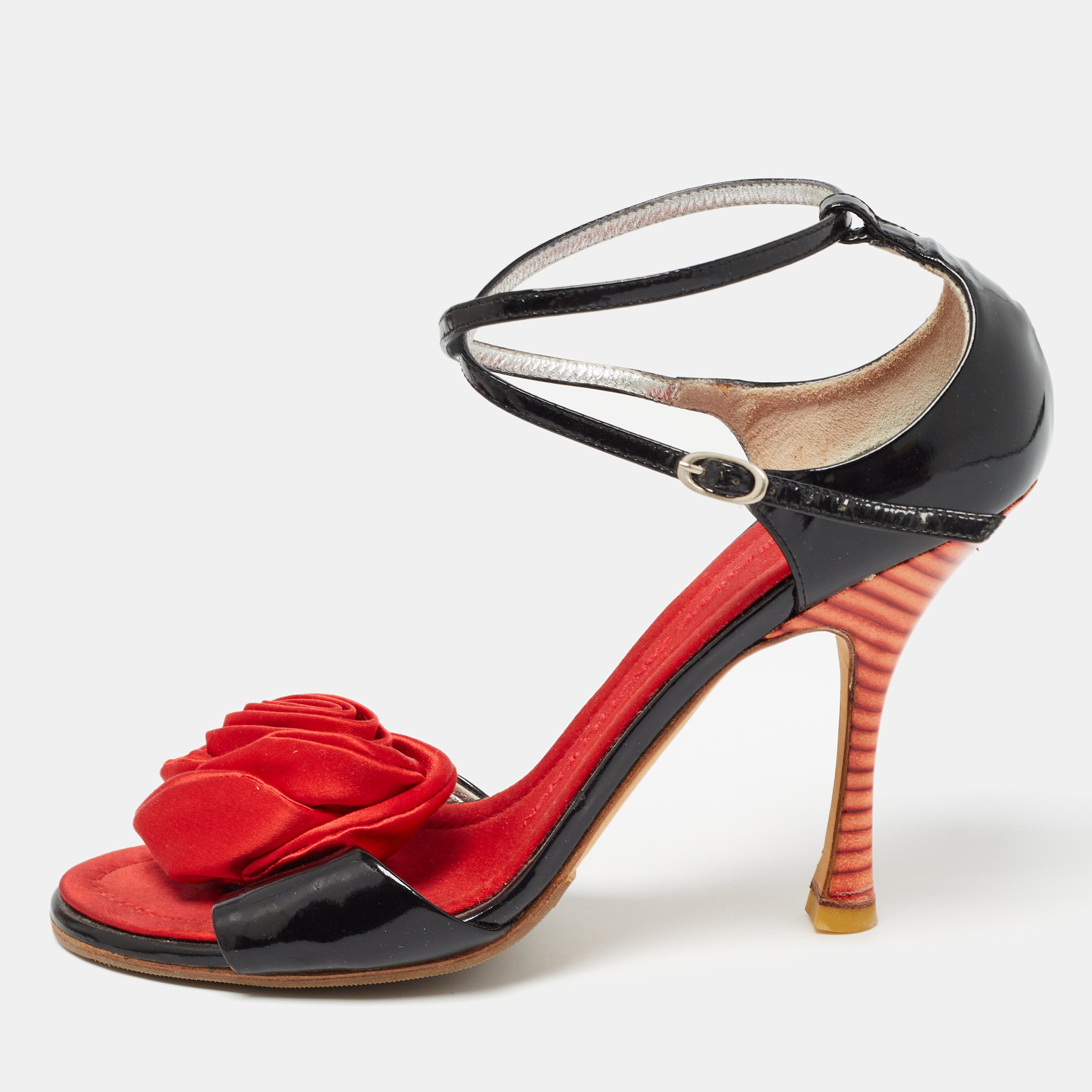 Black/ Patent Leather And Satin Rose Applique Sandals