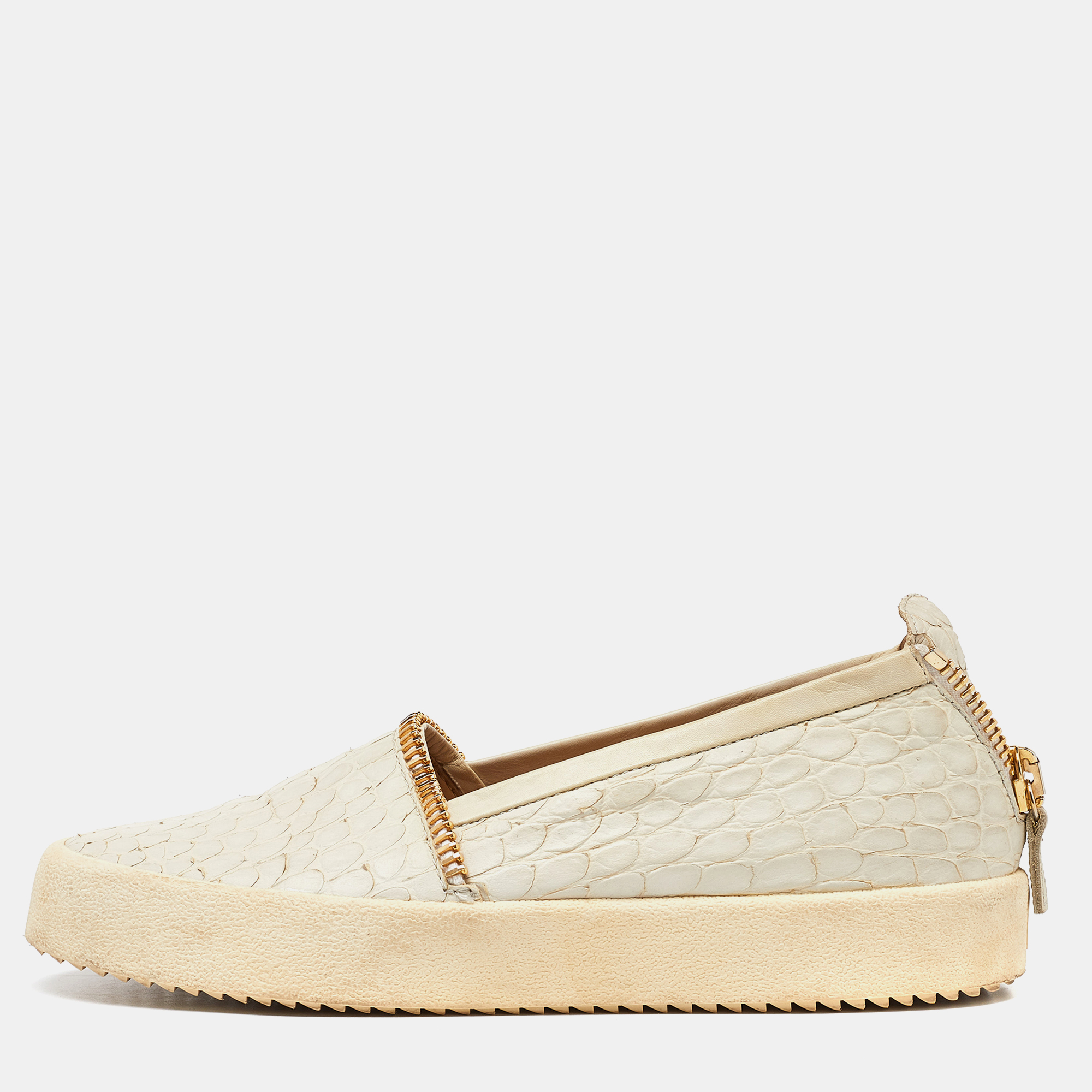 Cream Croc Embossed Leather Slip-on Sneakers