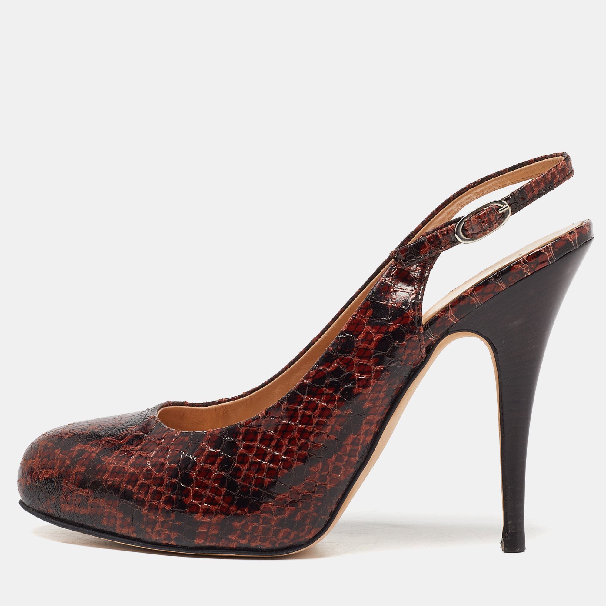 Brown Python Embossed Leather Slingback Platform Sandals