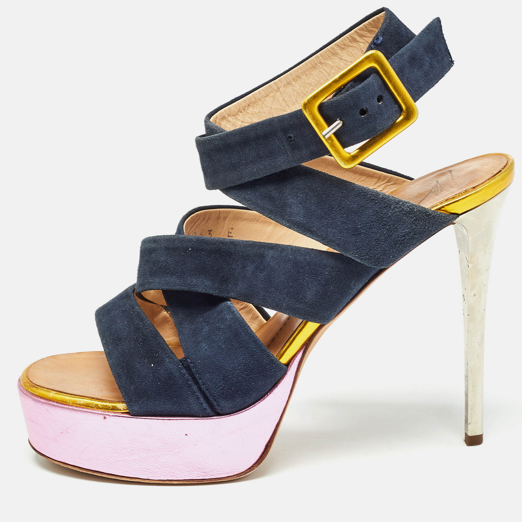 Pre-owned Giuseppe Zanotti Multicolor Suede And Leather Platform Sandals Size 39 In Navy Blue