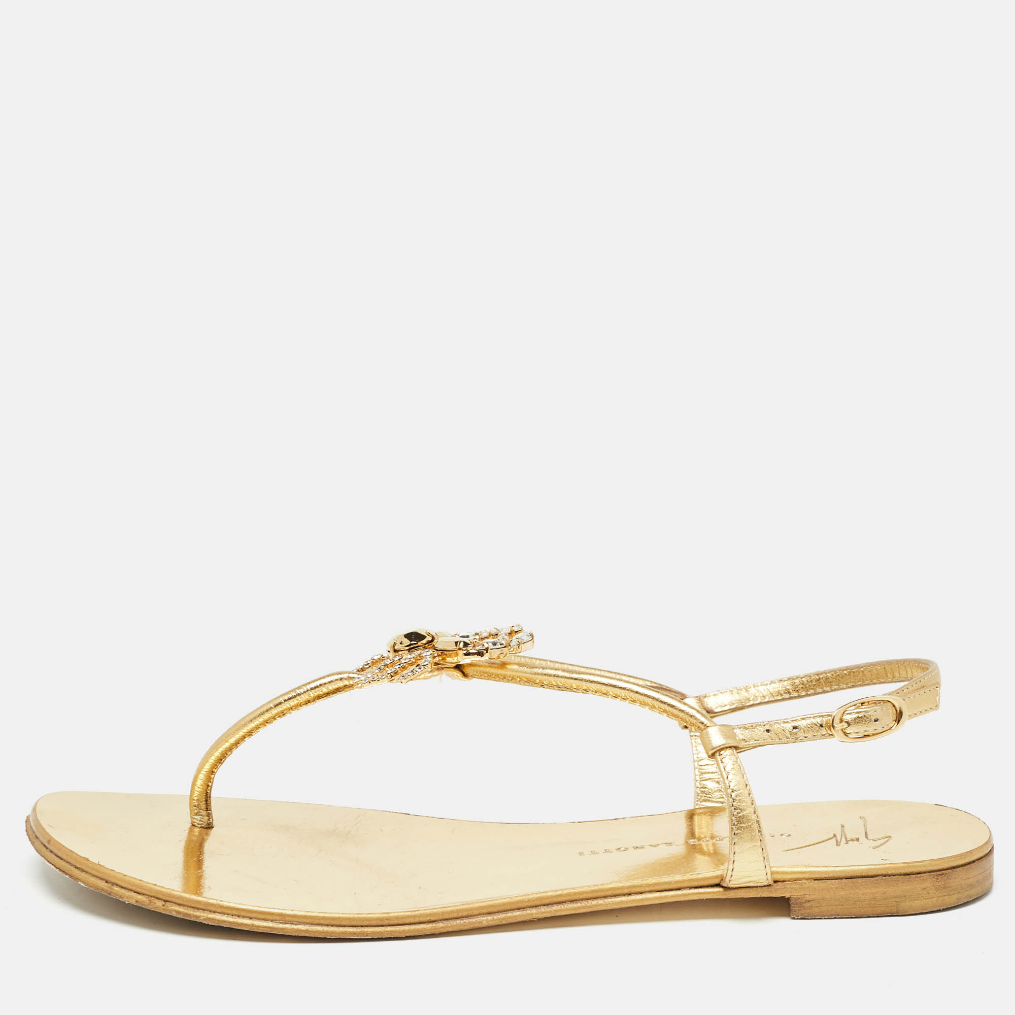 

Giuseppe Zanotti Gold Leather Crystal Embellished Scorpio Flat Sandals Size