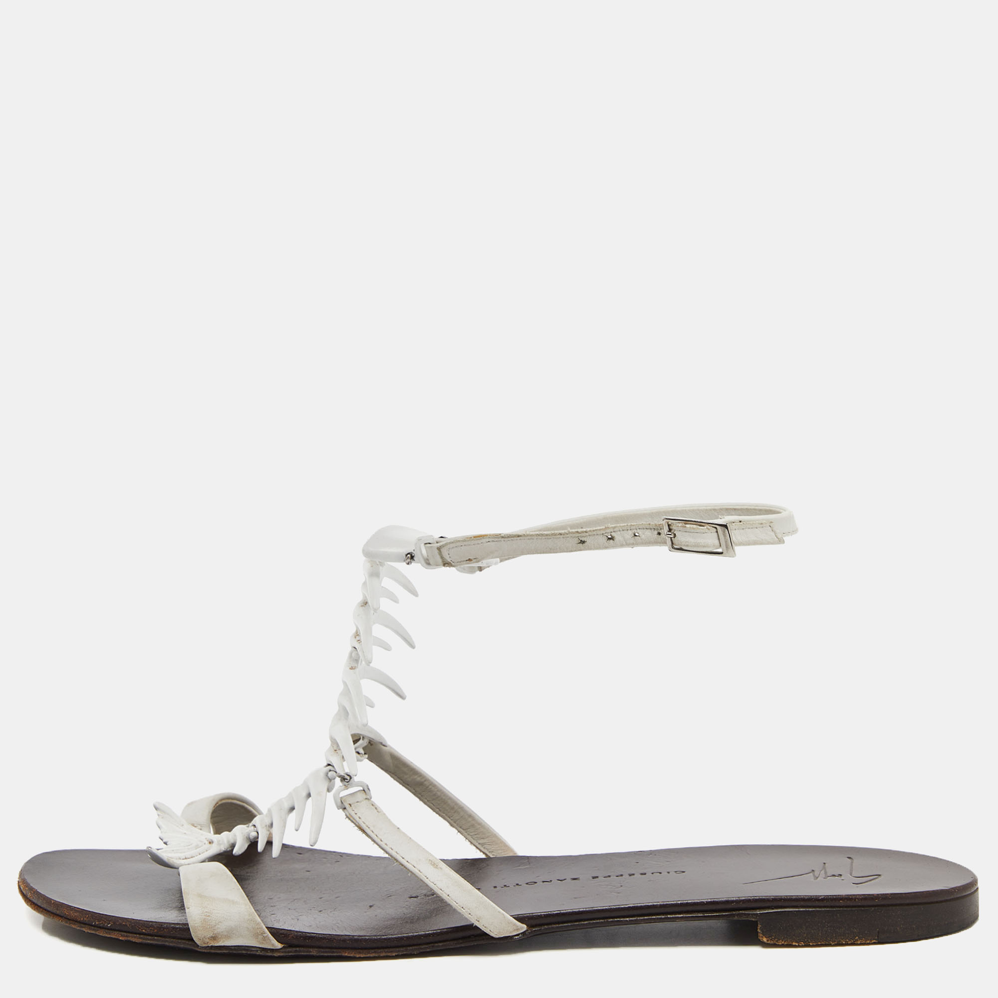 

Giuseppe Zanotti White Leather Fishbone Ankle Strap Flat Sandals Size