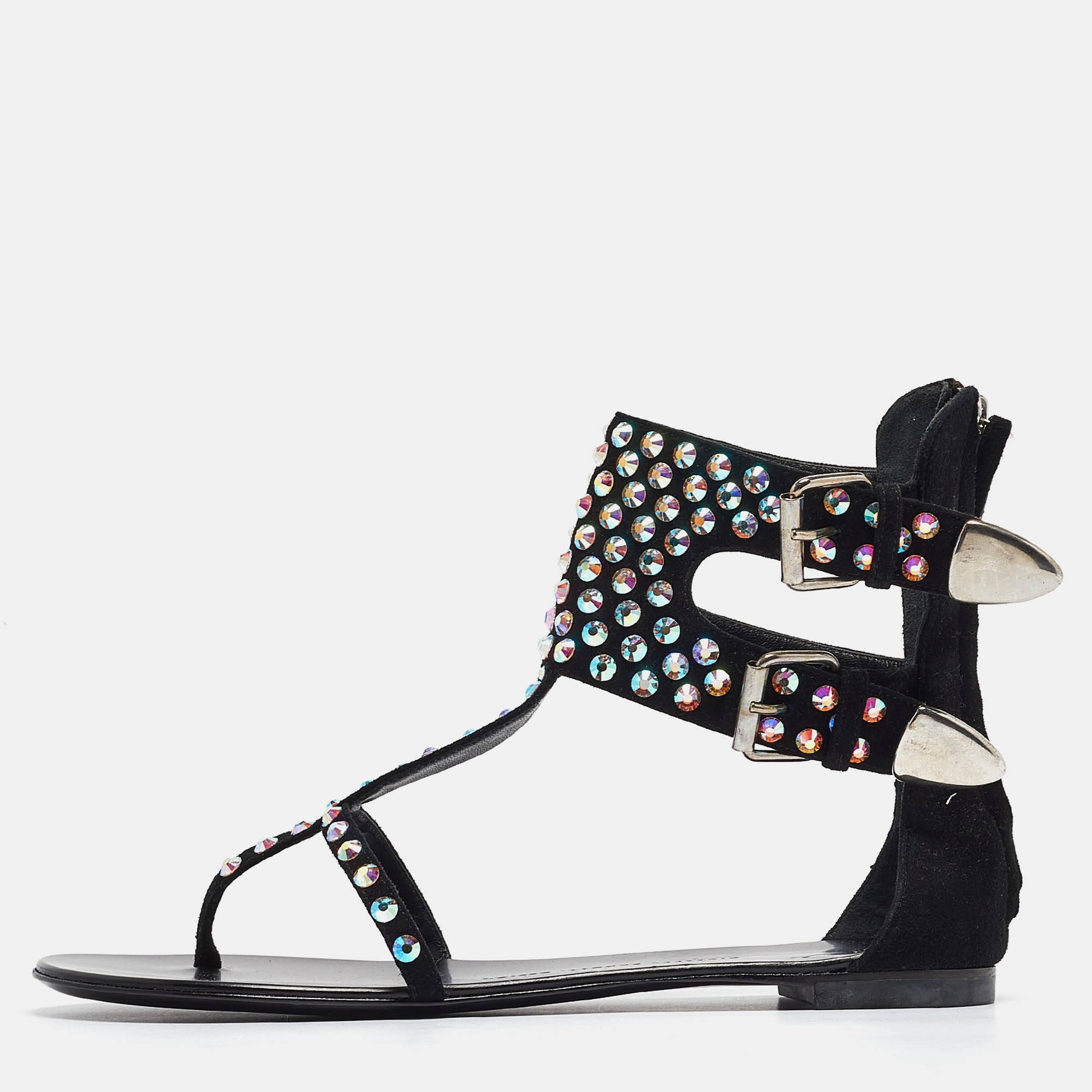 

Giuseppe Zanotti Black Crystal Embellished Suede Thong Ankle Cuff Flat Sandals Size