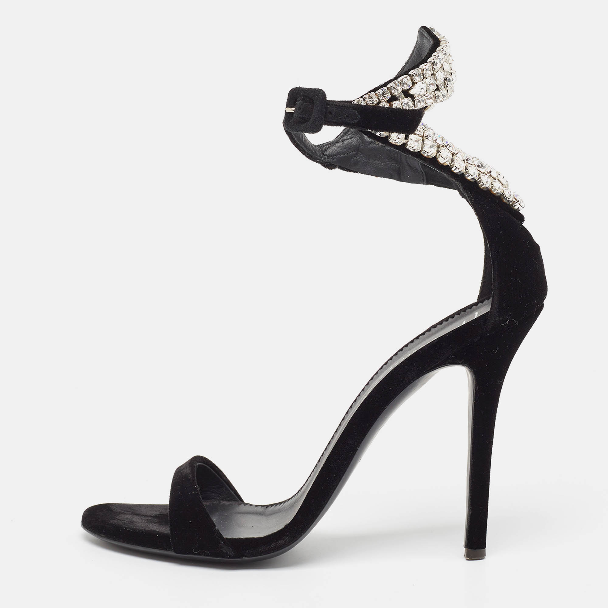 

Giuseppe Zanotti Black Velvet Crystal Embellished Ankle Strap Sandals Size
