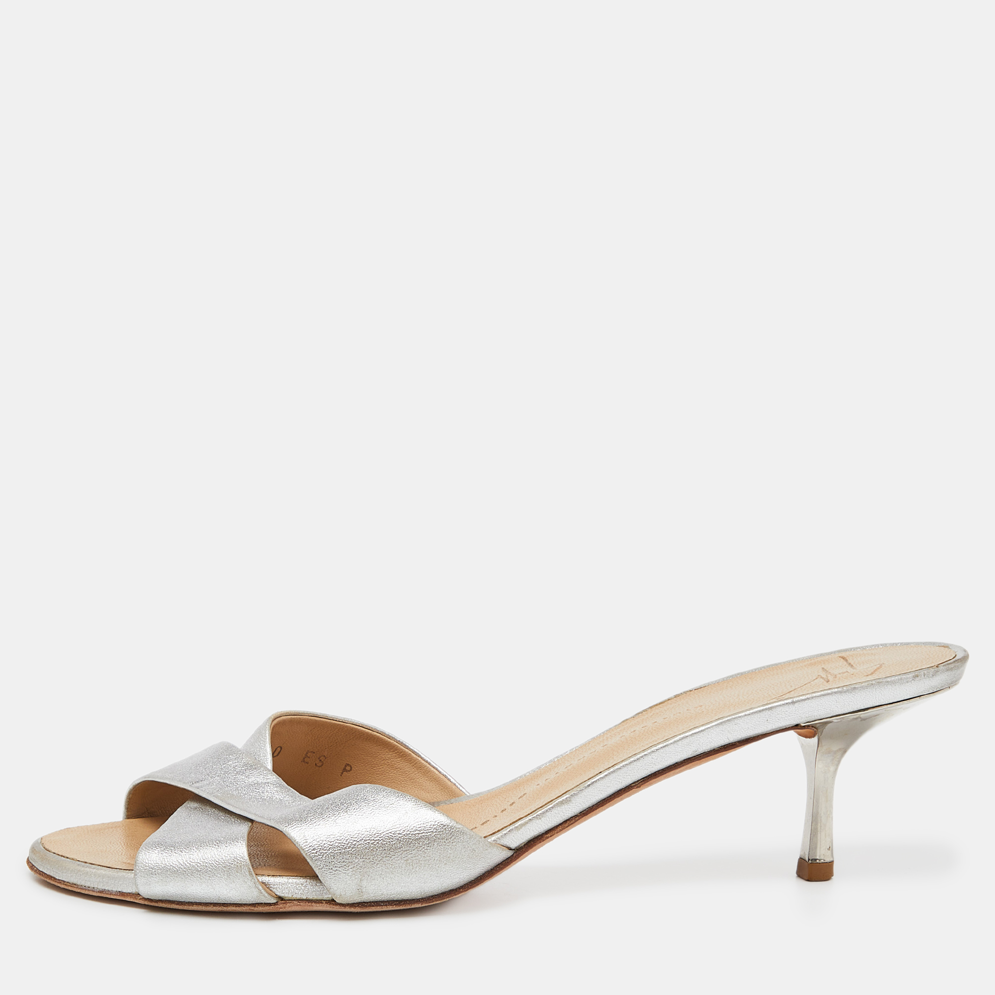 

Giuseppe Zanotti Silver Leather Slide Sandals Size