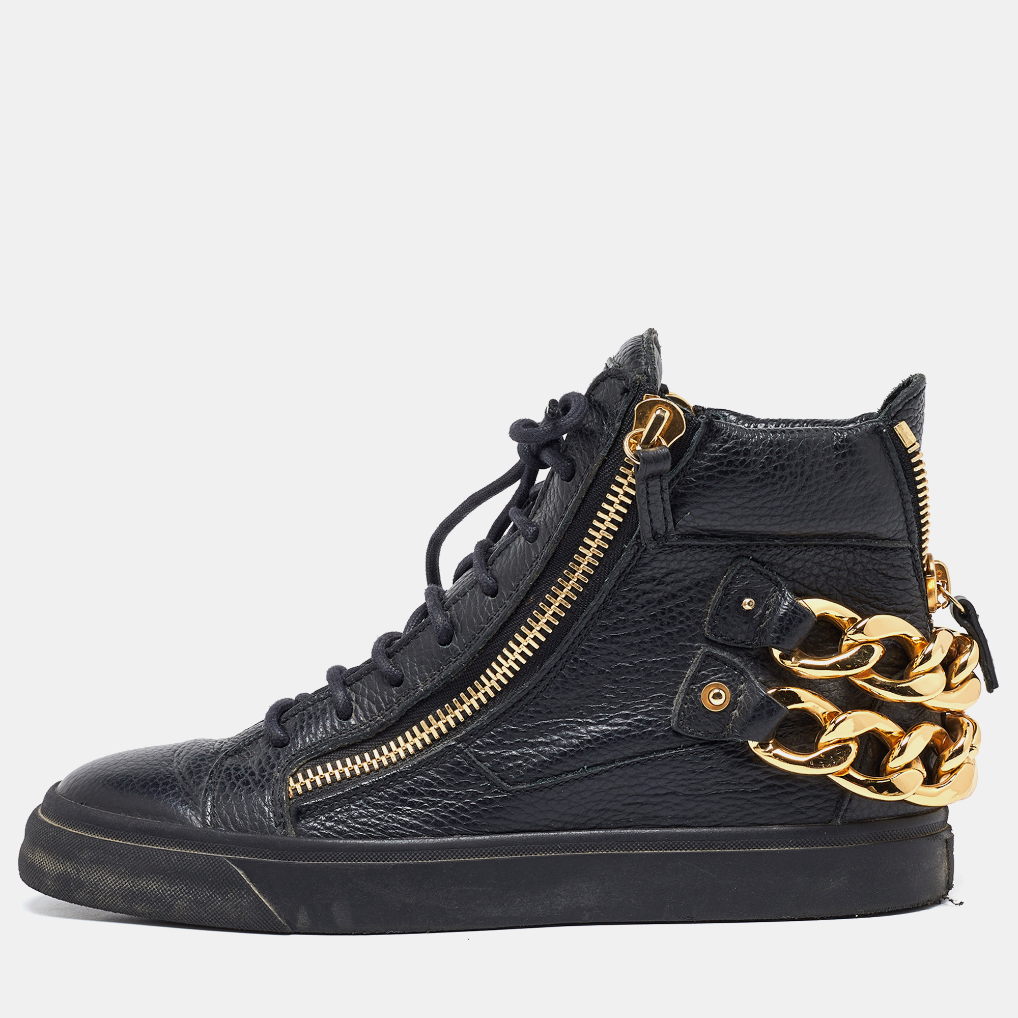 

Giuseppe Zanotti Black Leather Chain Embellished High Top Sneakers Size