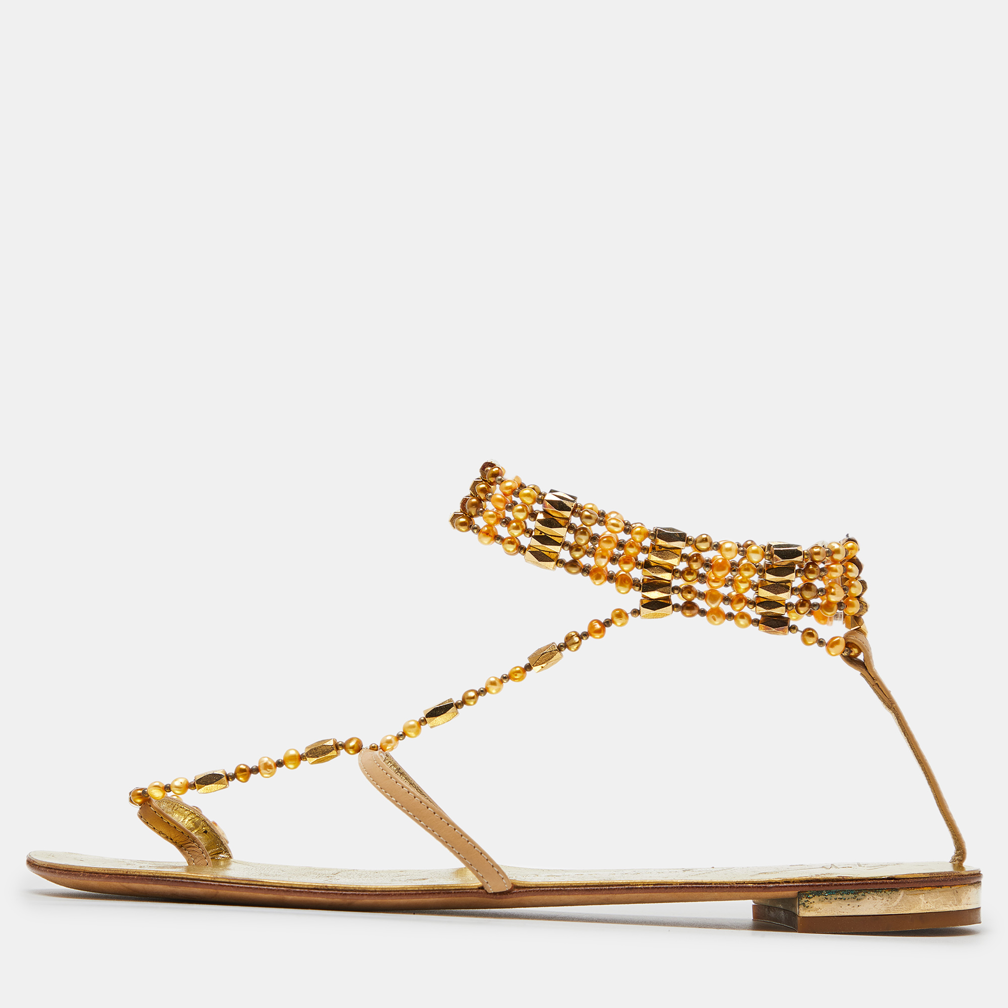 

Giuseppe Zanotti Beige/Gold Leather Crystal Embellished Chain Thong Flat Sandals Size, Metallic
