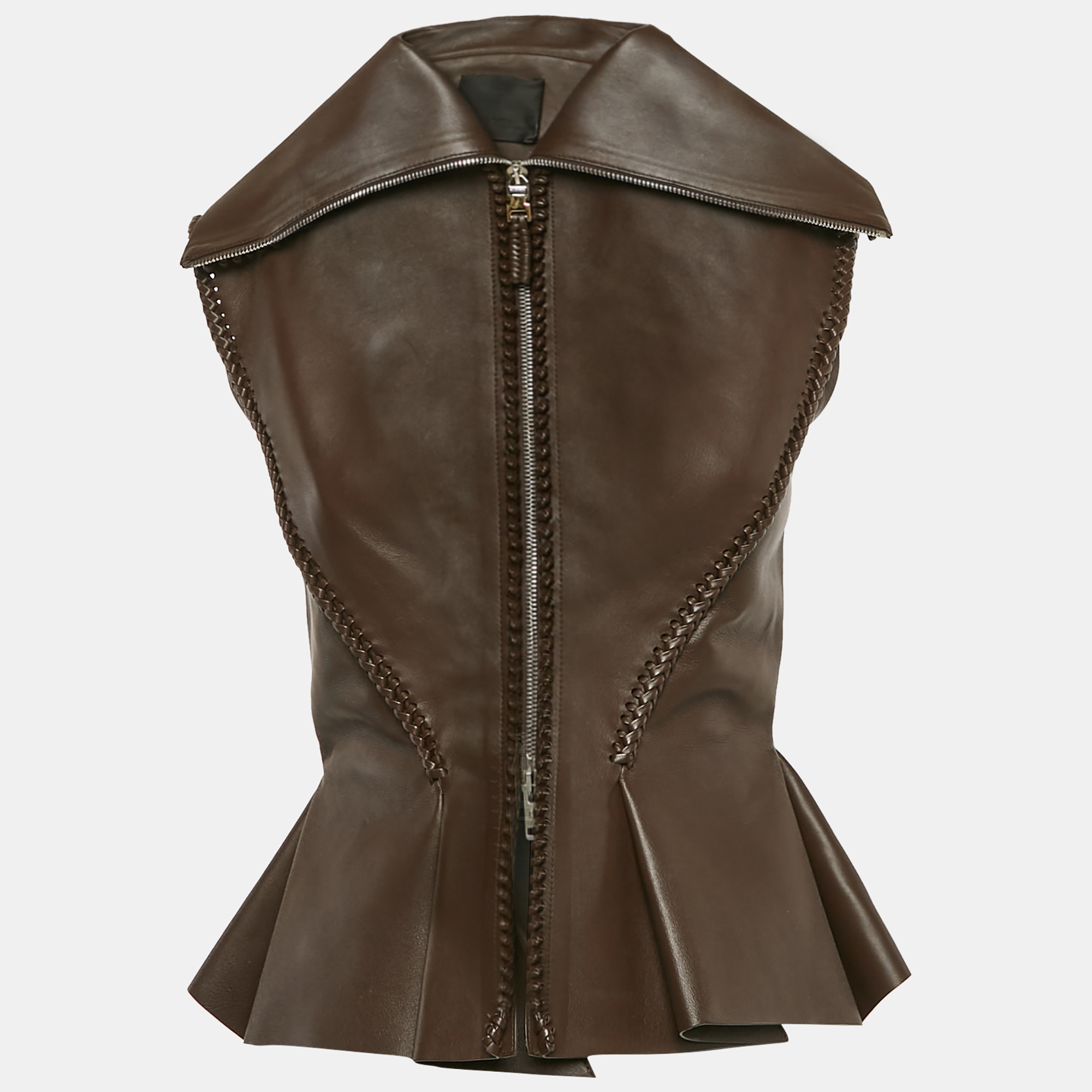 

Givenchy Brown Braided Leather Peplum Vest S