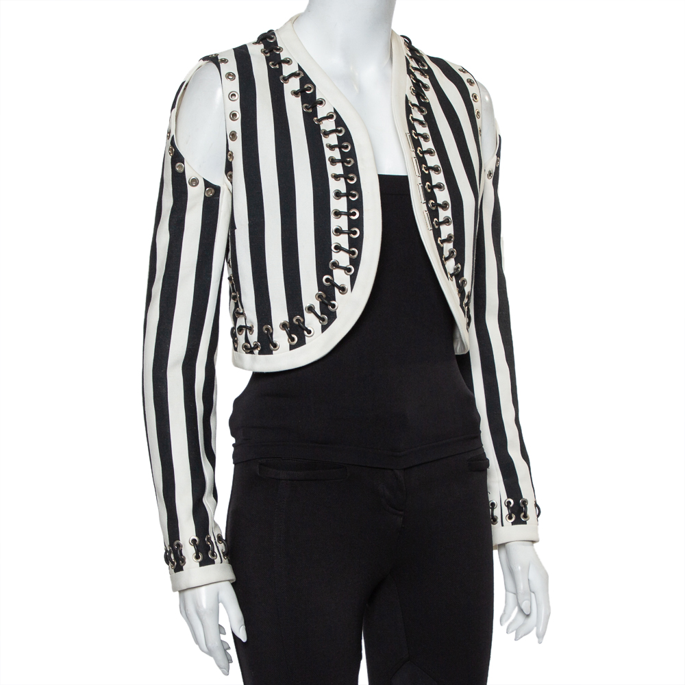 

Givenchy Monochrome Denim Cutout Sleeve Lace Tie Detail Cropped Jacket, White