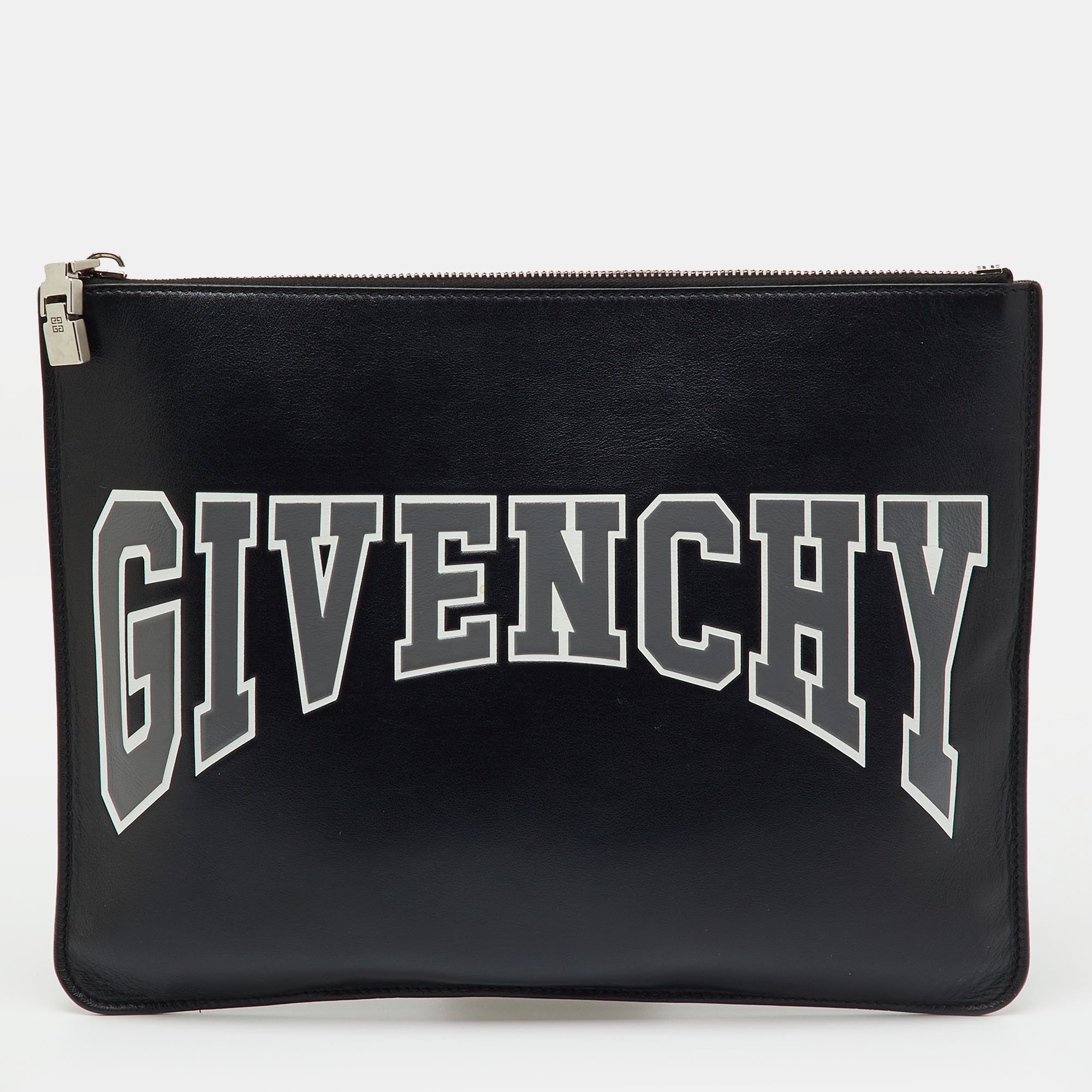 

Givenchy Black Leather Logo Print Zip Pouch
