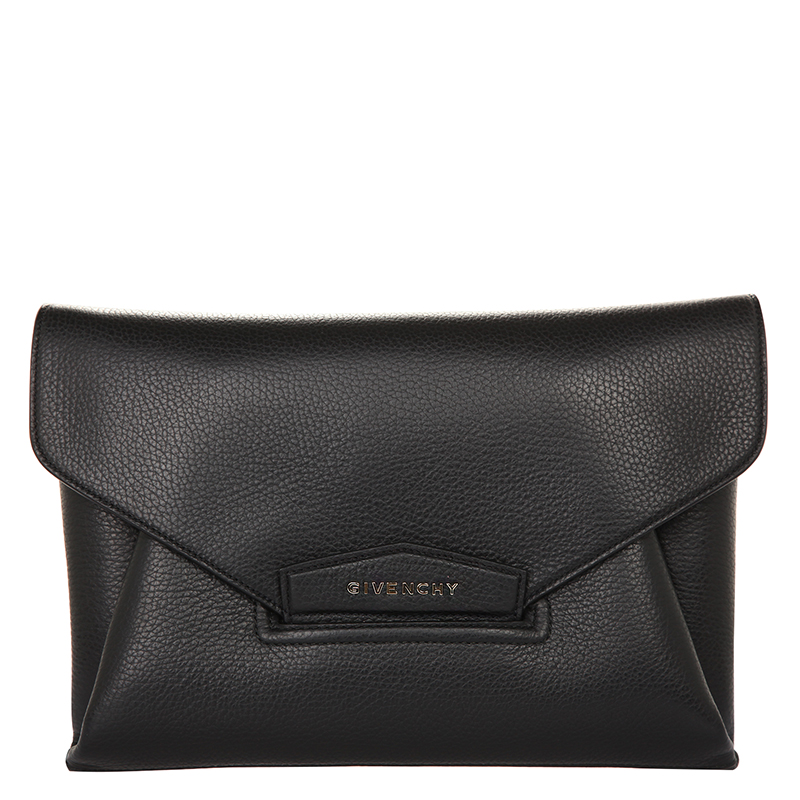 Pre Owned Givenchy Black Grained Goatskin Leather Antigona Envelope Clutch
