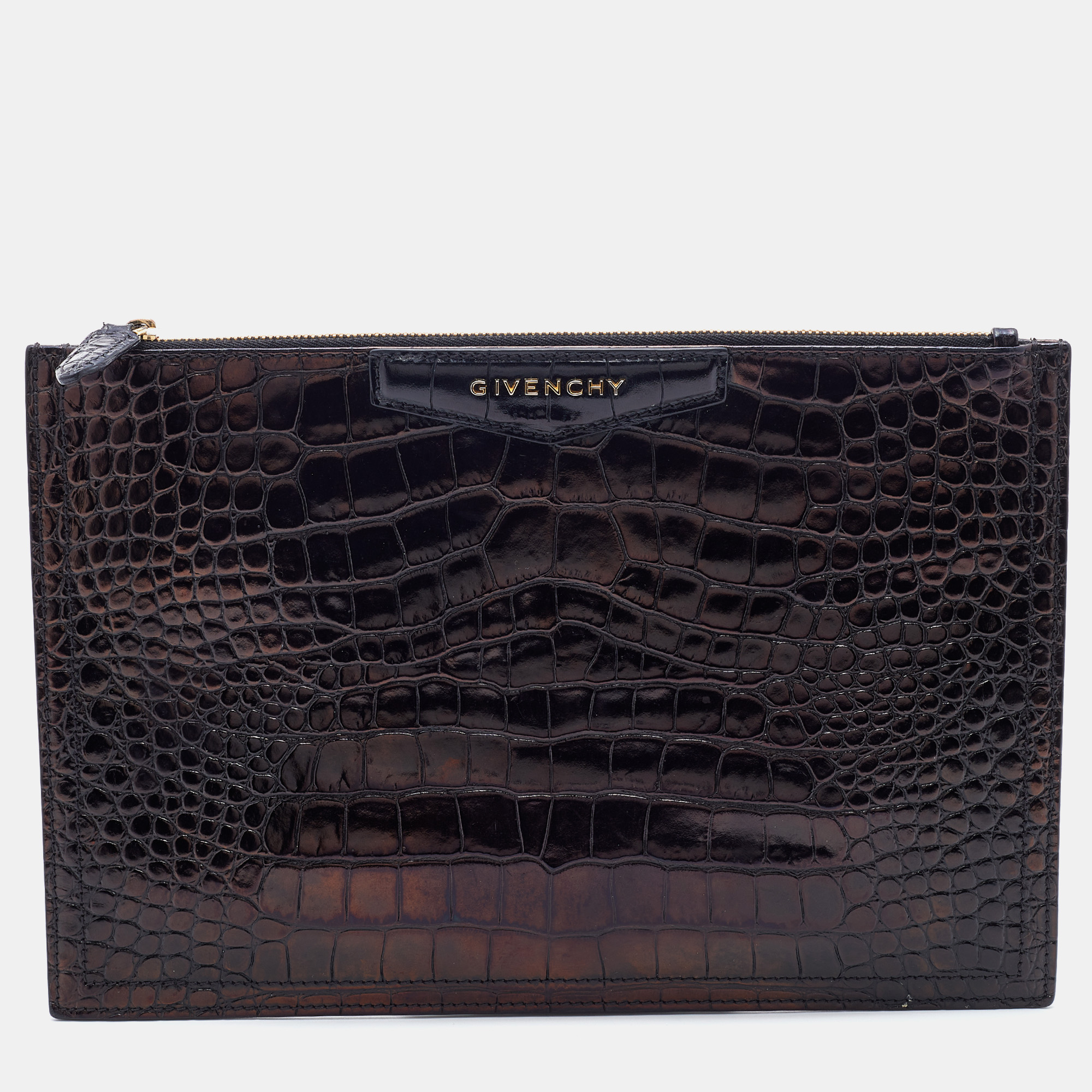 Pre-owned Givenchy Dark Brown Croc Embossed Leather Antigona Clutch