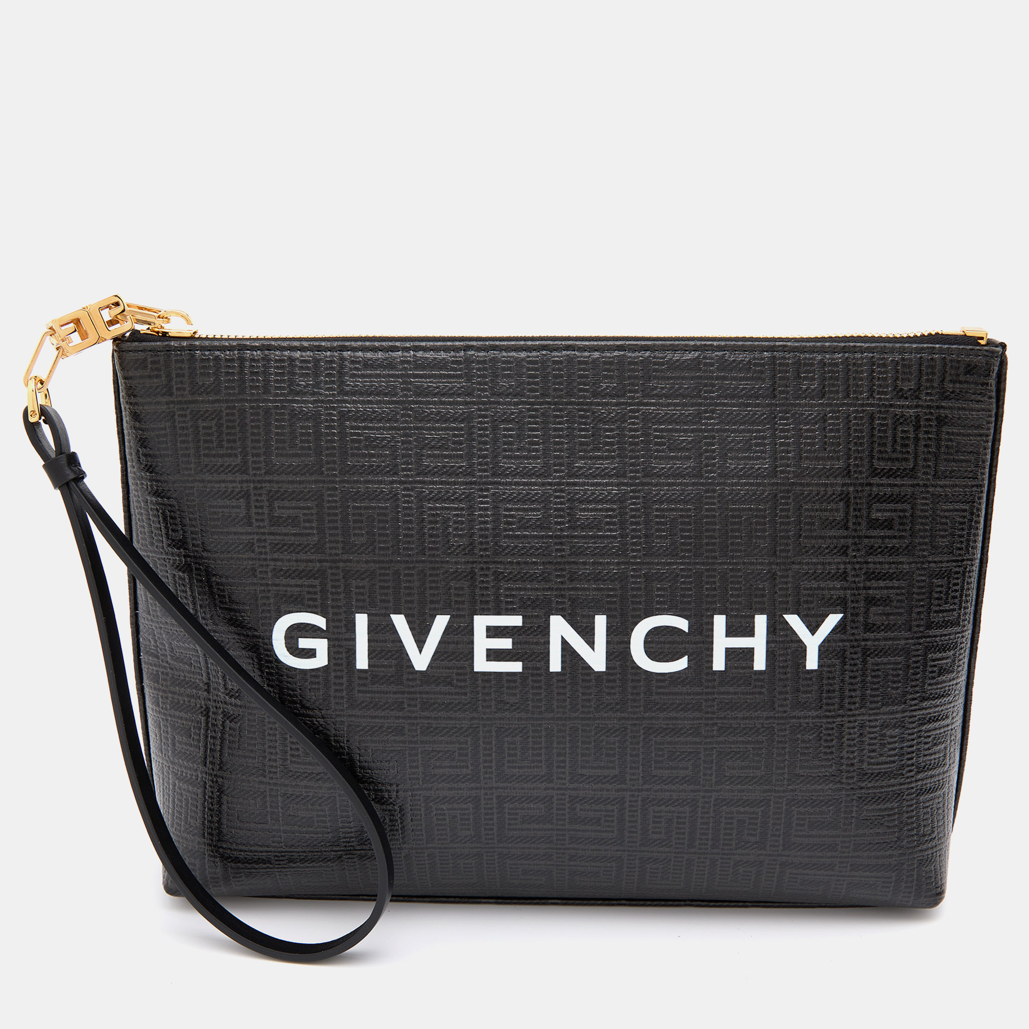 مملوكة مسبقًا Givenchy Black Monogram Coated Canvas 4G Large Zip Pouch