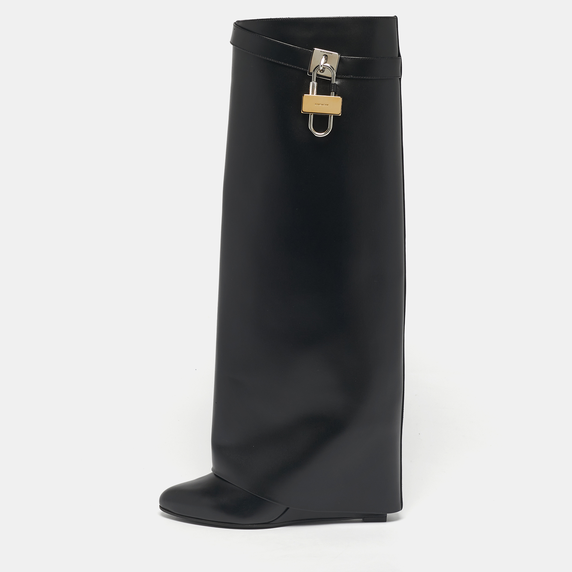 

Givenchy Black Leather Shark Lock Wedge Knee High Boots Size