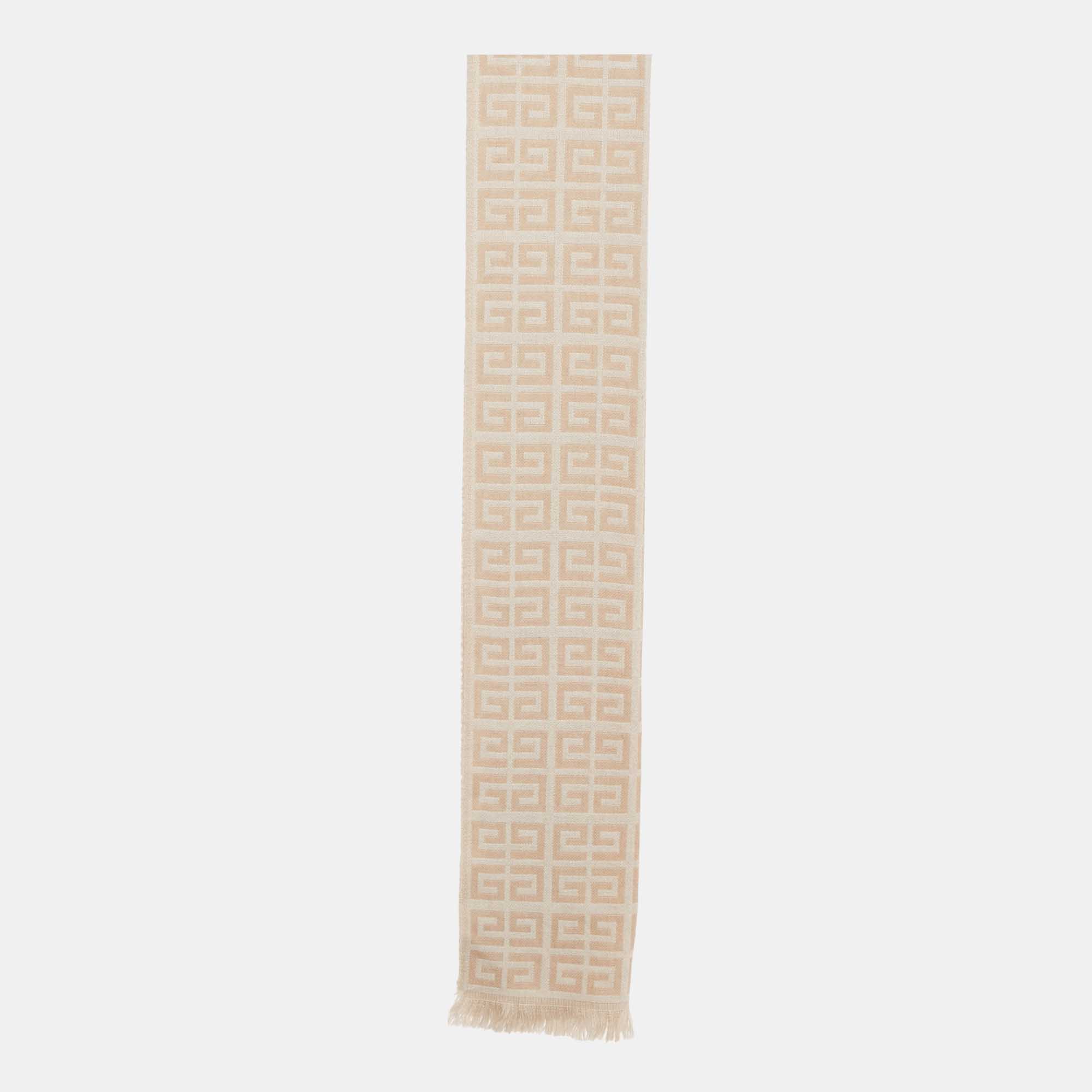 Pre-owned Givenchy Beige Monogram Wool Knit Fringed Scarf In Sand