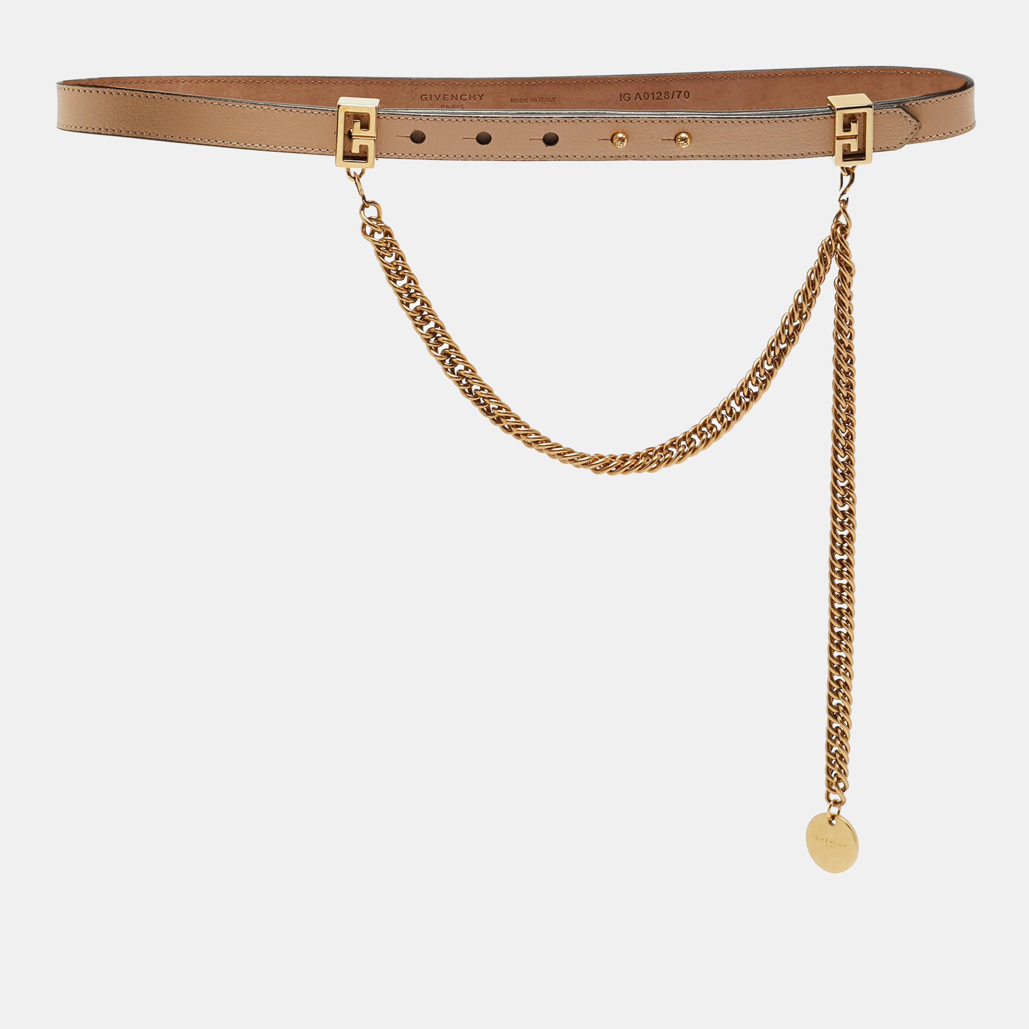 Pre-owned Givenchy Beige Leather Chain Detail Slim Belt 70 Cm In Sand