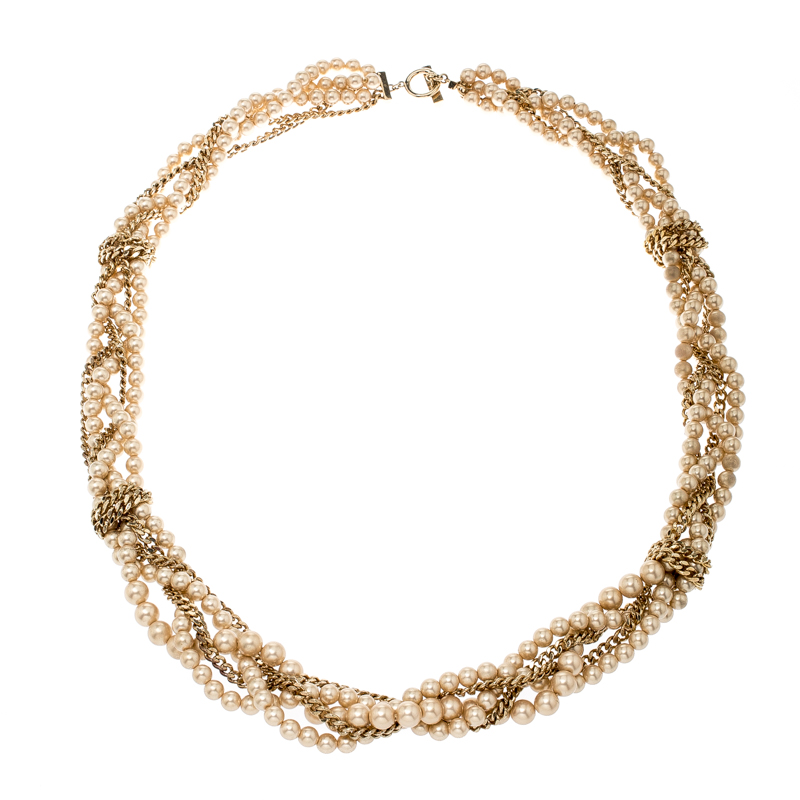 Pre Owned Givenchy Faux Pearl Gold Tone Multistrand Chain Toggle Belt / Necklace