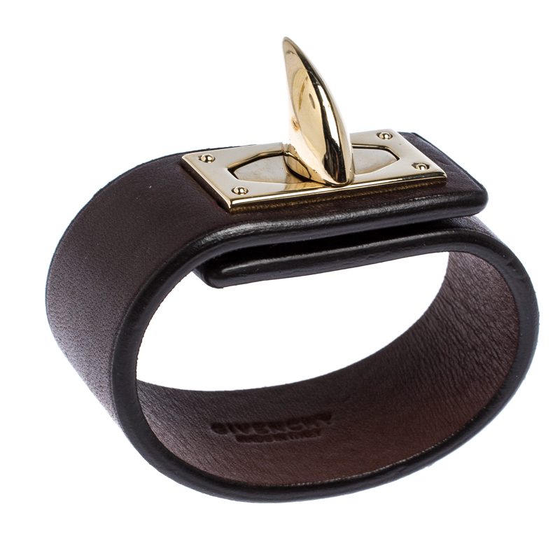 

Givenchy Shark Tooth Brown Leather Gold Tone Cuff Bracelet