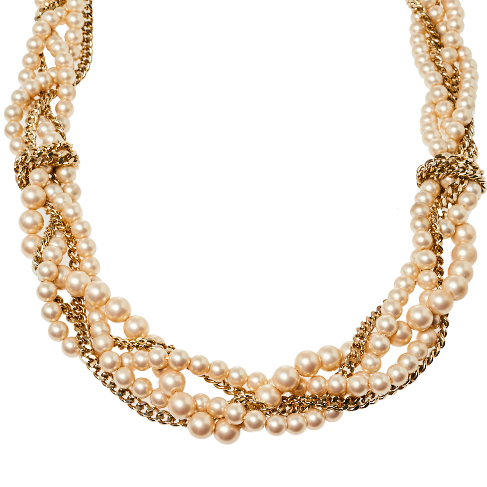 

Givenchy Faux Pearl Gold Tone Multistrand Chain Toggle Necklace