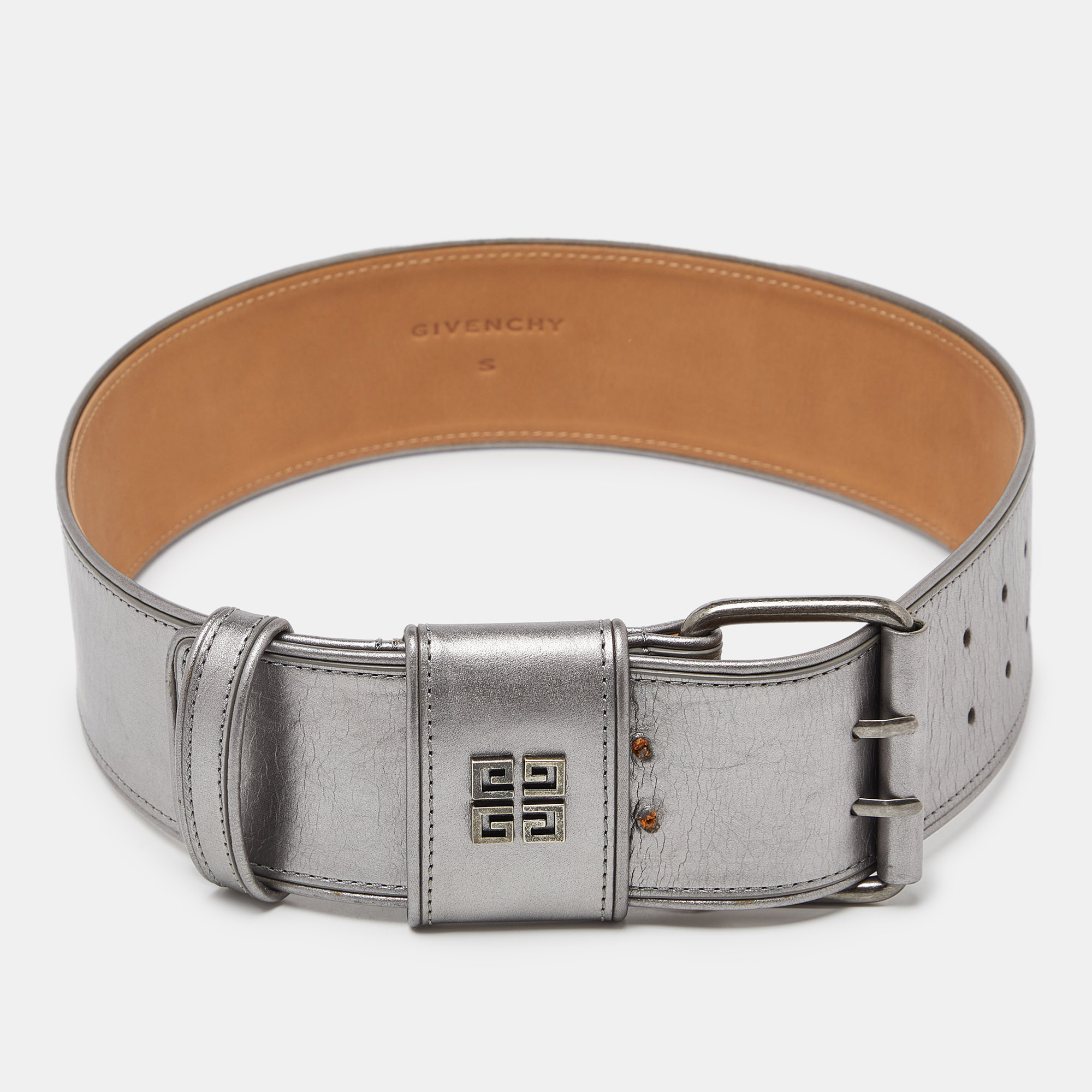 Pre-owned Givenchy Metallic Grey Leather Wide Waist Belt S